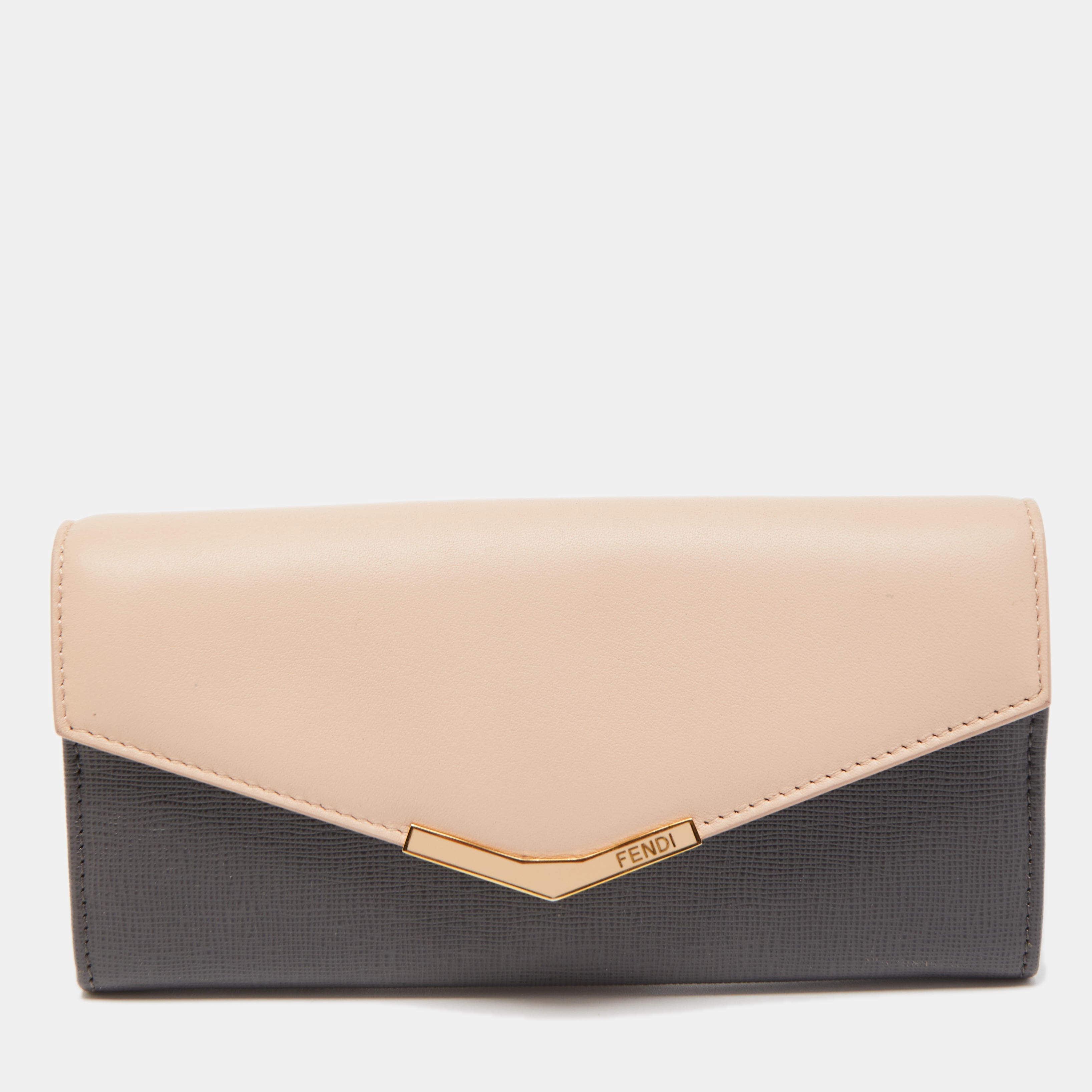 Pre Owned Fendi Grey/Pink Leather 2jours Envelope Continental Wallet