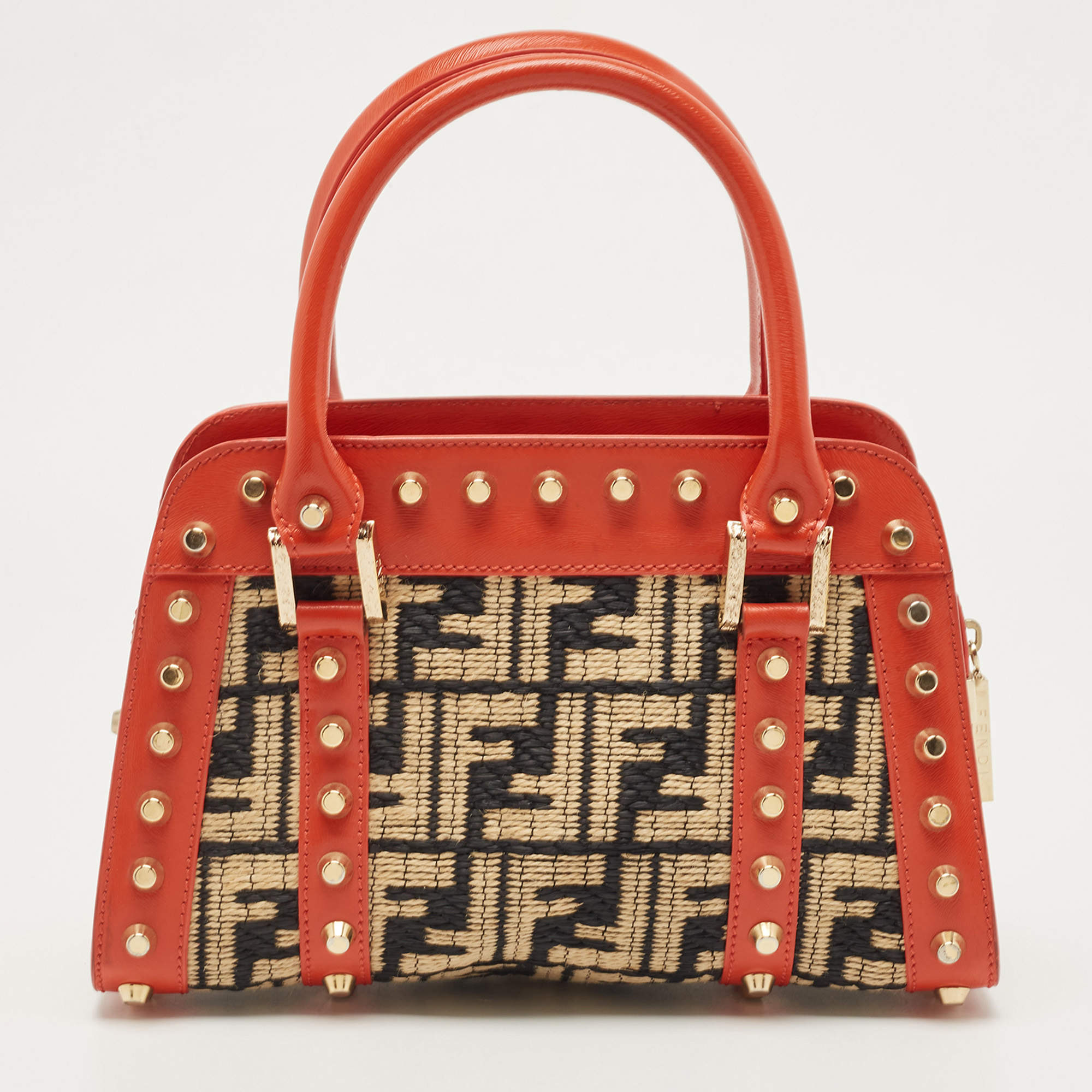 Pre Owned Fendi Tricolor Raffia and Leather Studded Satchel