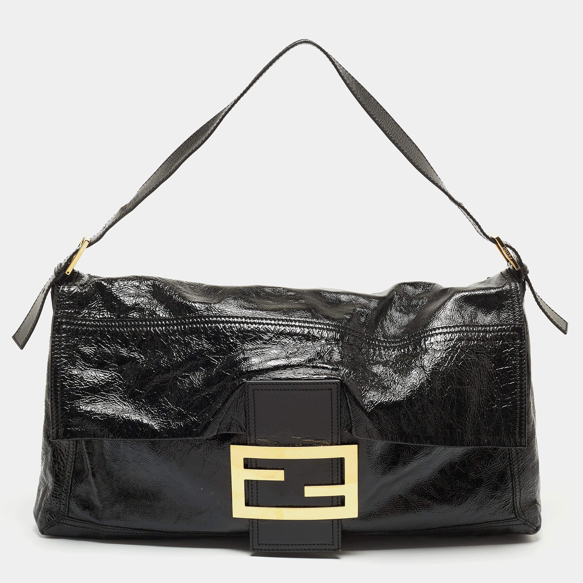 Pre Owned Fendi Black Crinkled Patent Leather Oversized Baguette Flap Shoulder Bag