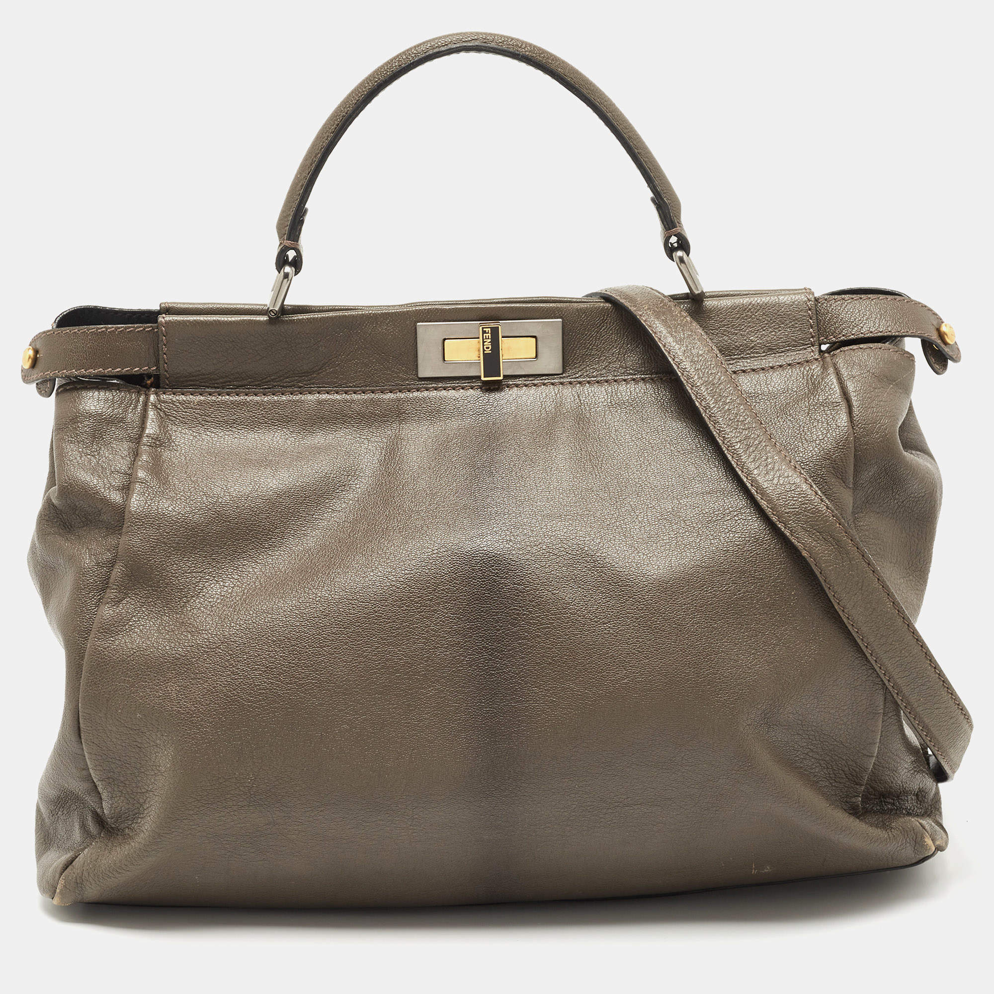 Pre Owned Fendi Dark Grey Leather Large Peekaboo Top Handle Bag