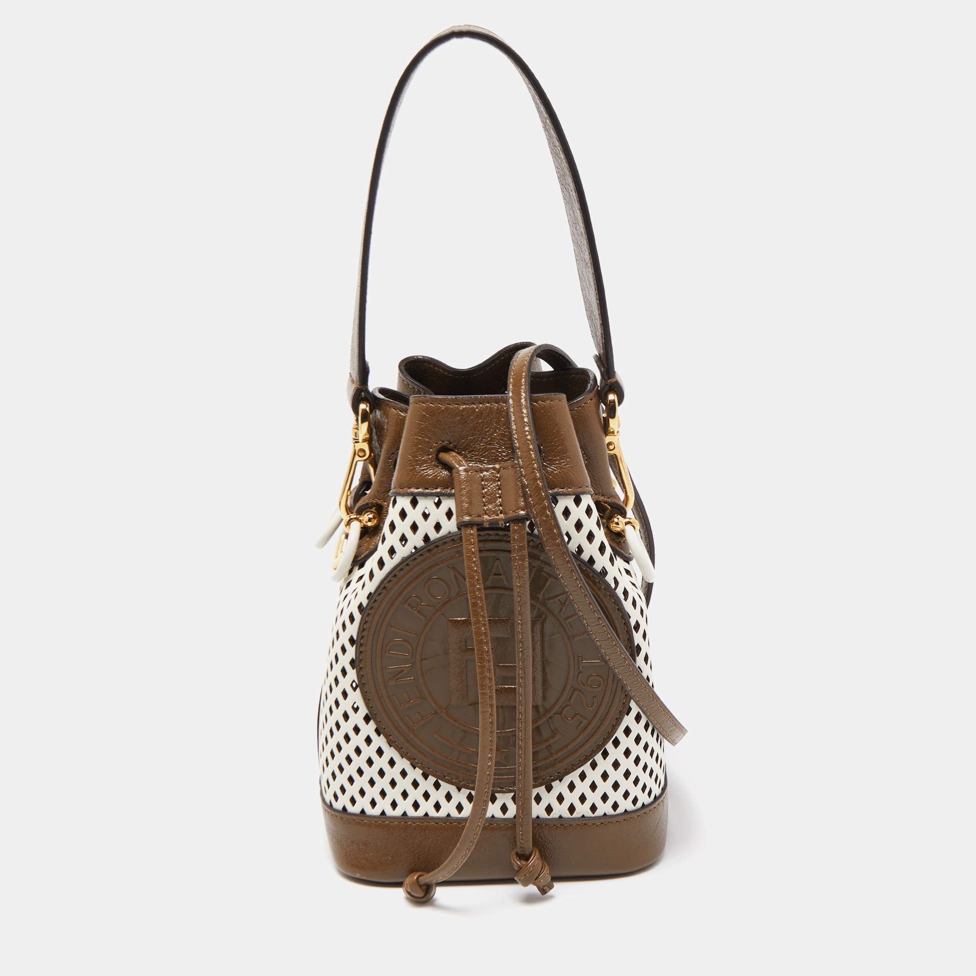 Pre Owned Fendi Khaki/White Perforated Leather Mini Mon Tresor Bucket Bag