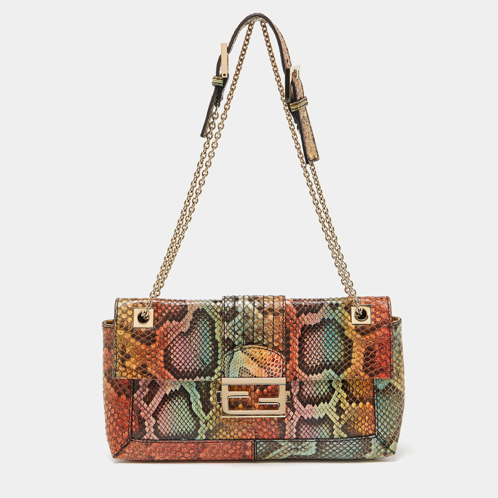 Fendi Multicolor Python Baguette Chain Flap Bag