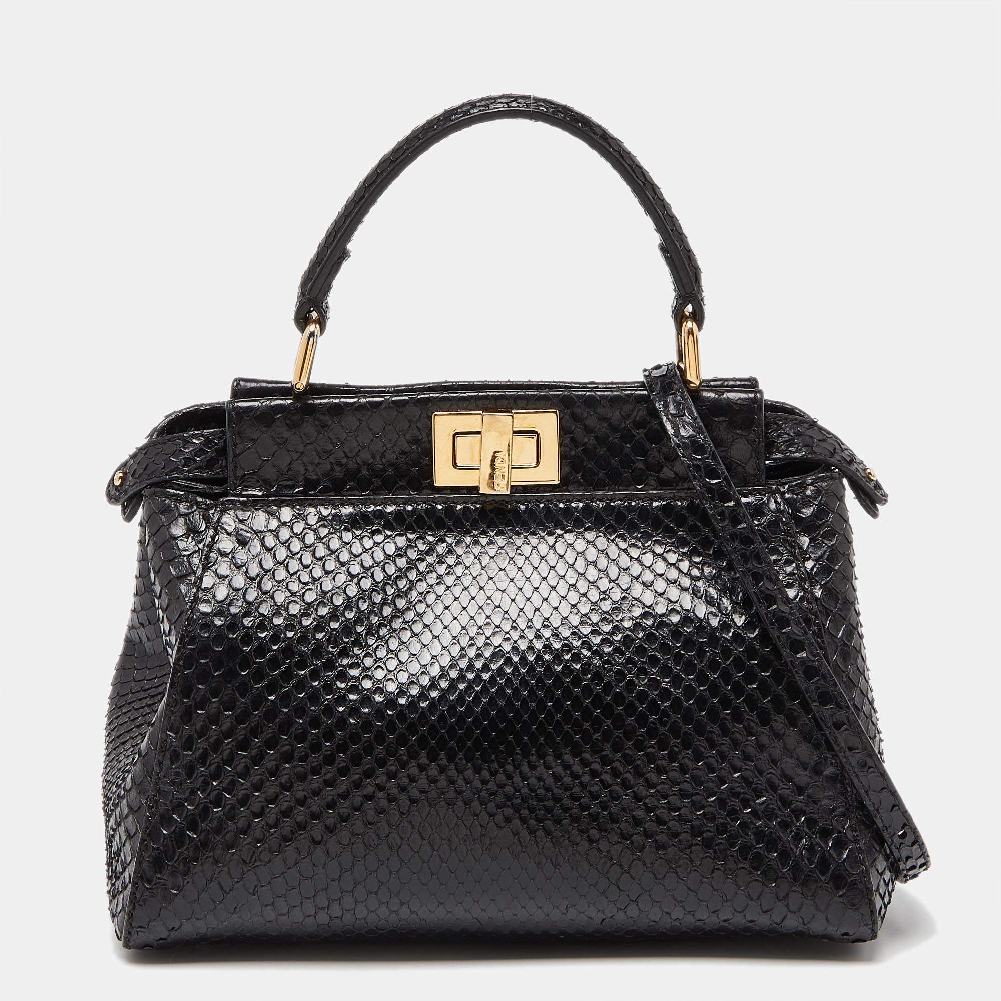 Pre Owned Fendi Black Python Mini Peekaboo Top Handle Bag