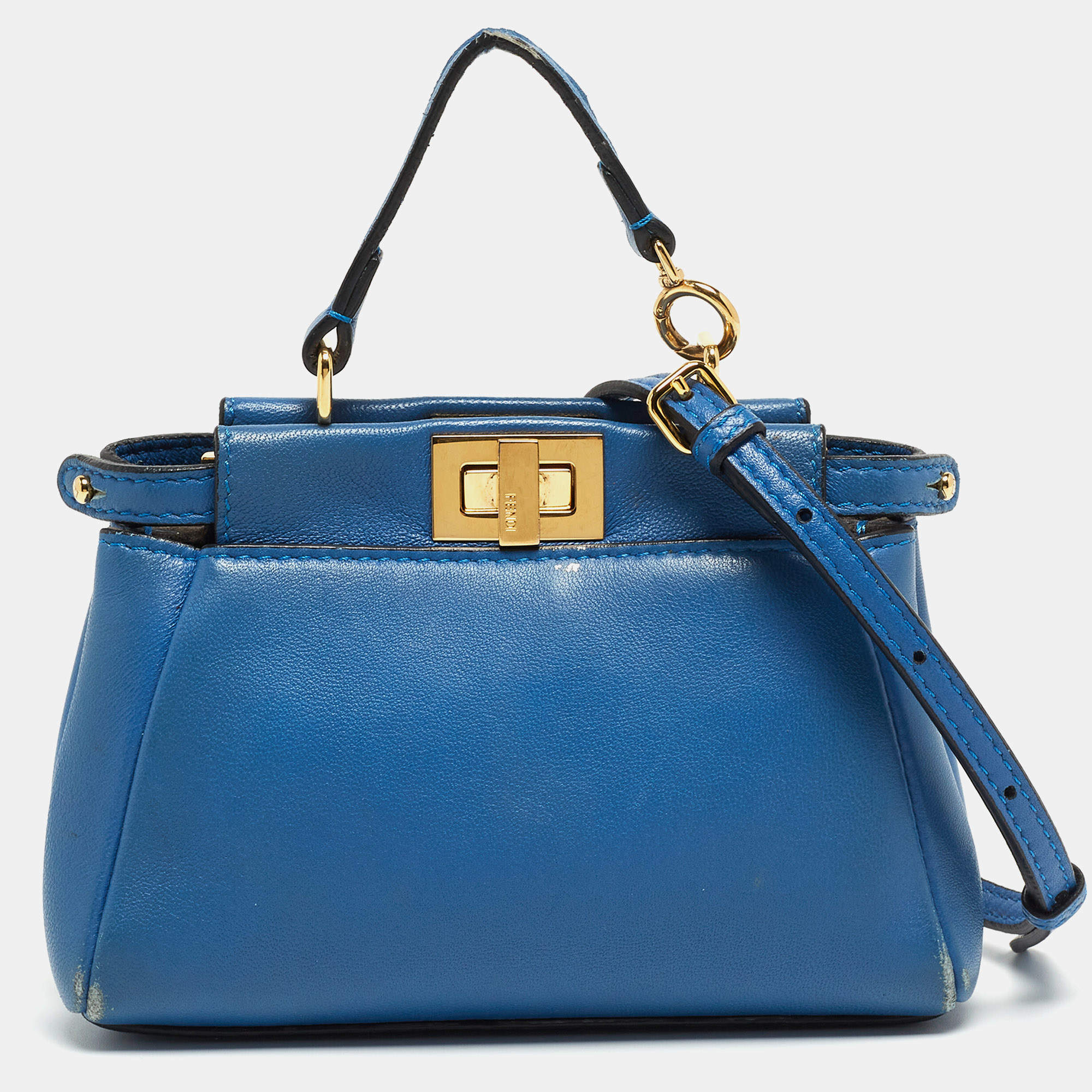 Pre Owned Fendi Powdered Blue Leather Micro Peekaboo Bag