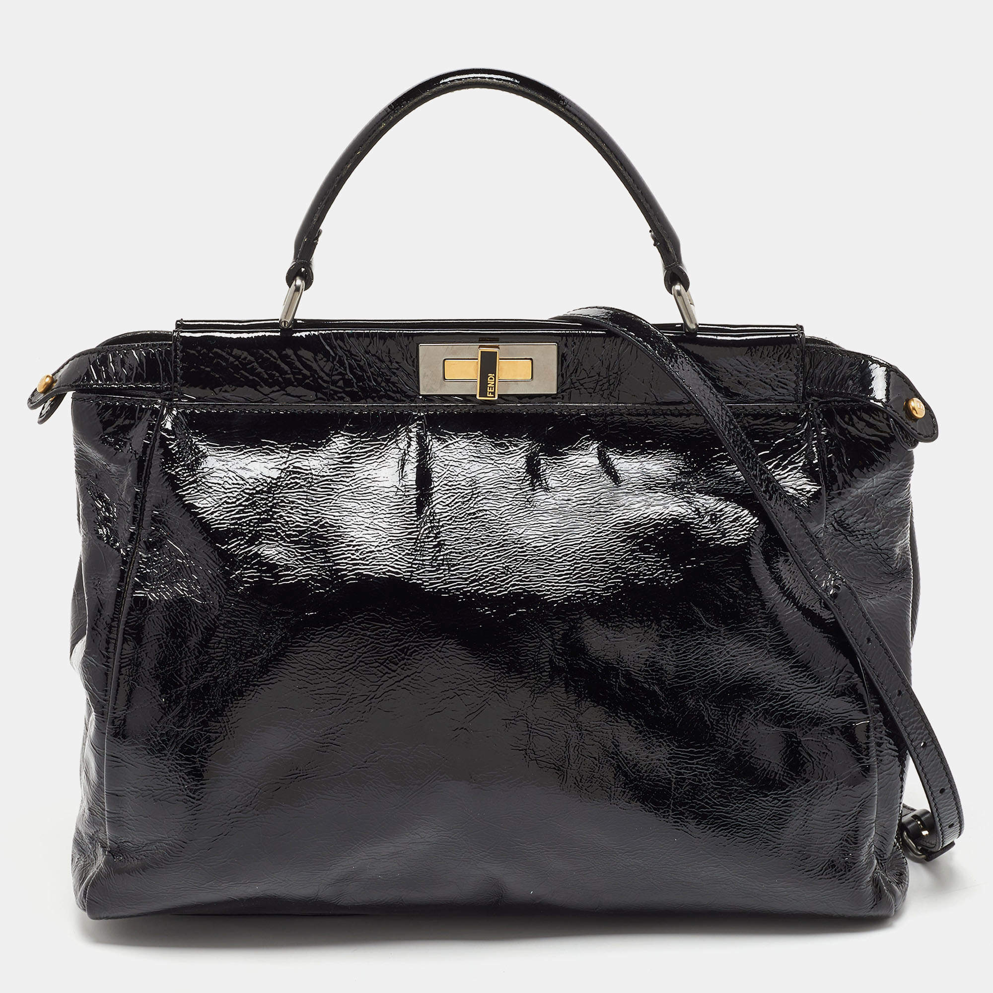 Pre Owned Fendi Black Patent Leather Large Peekaboo Top Handle Bag