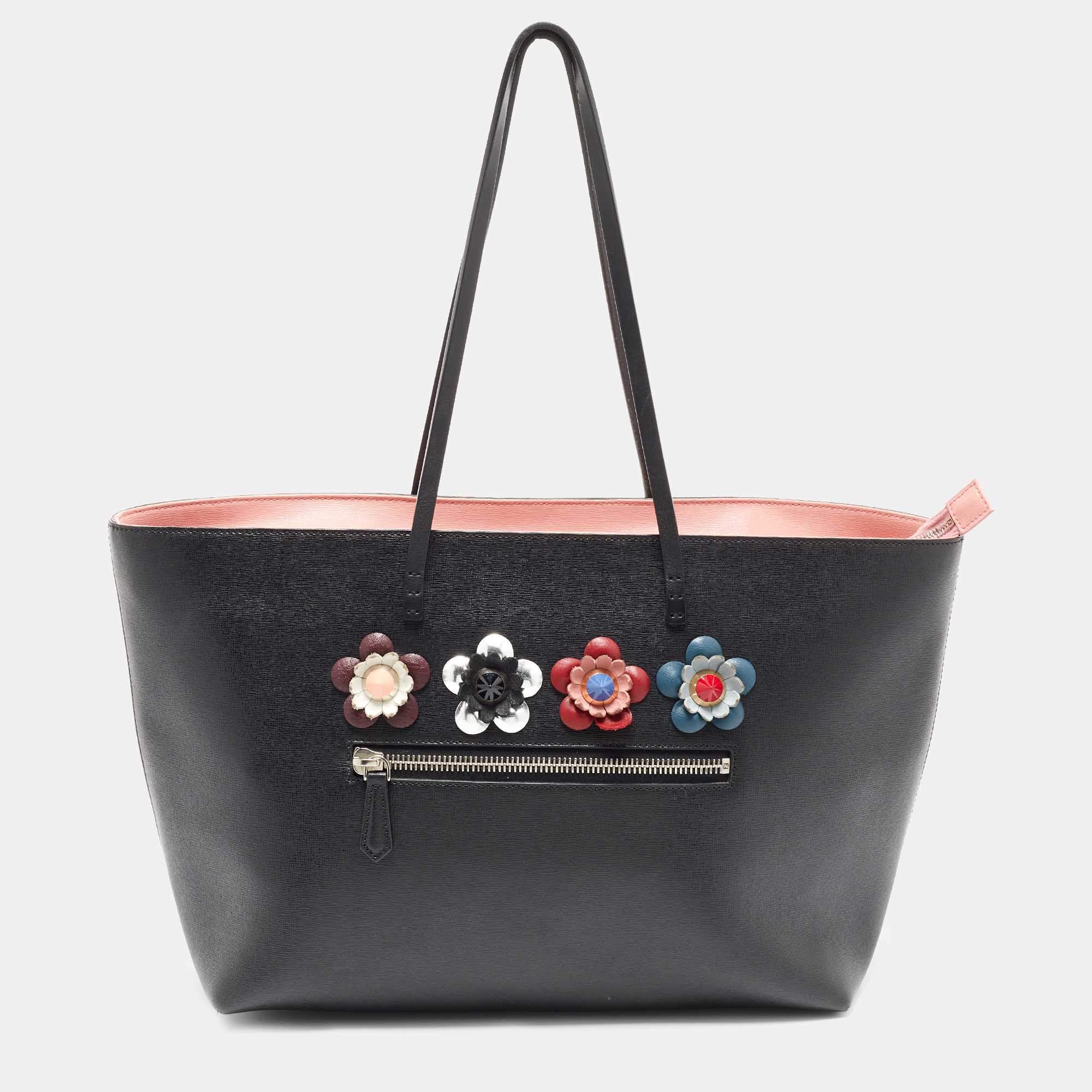 Pre Owned Fendi Black/Peach Leather Monster Roll Tote