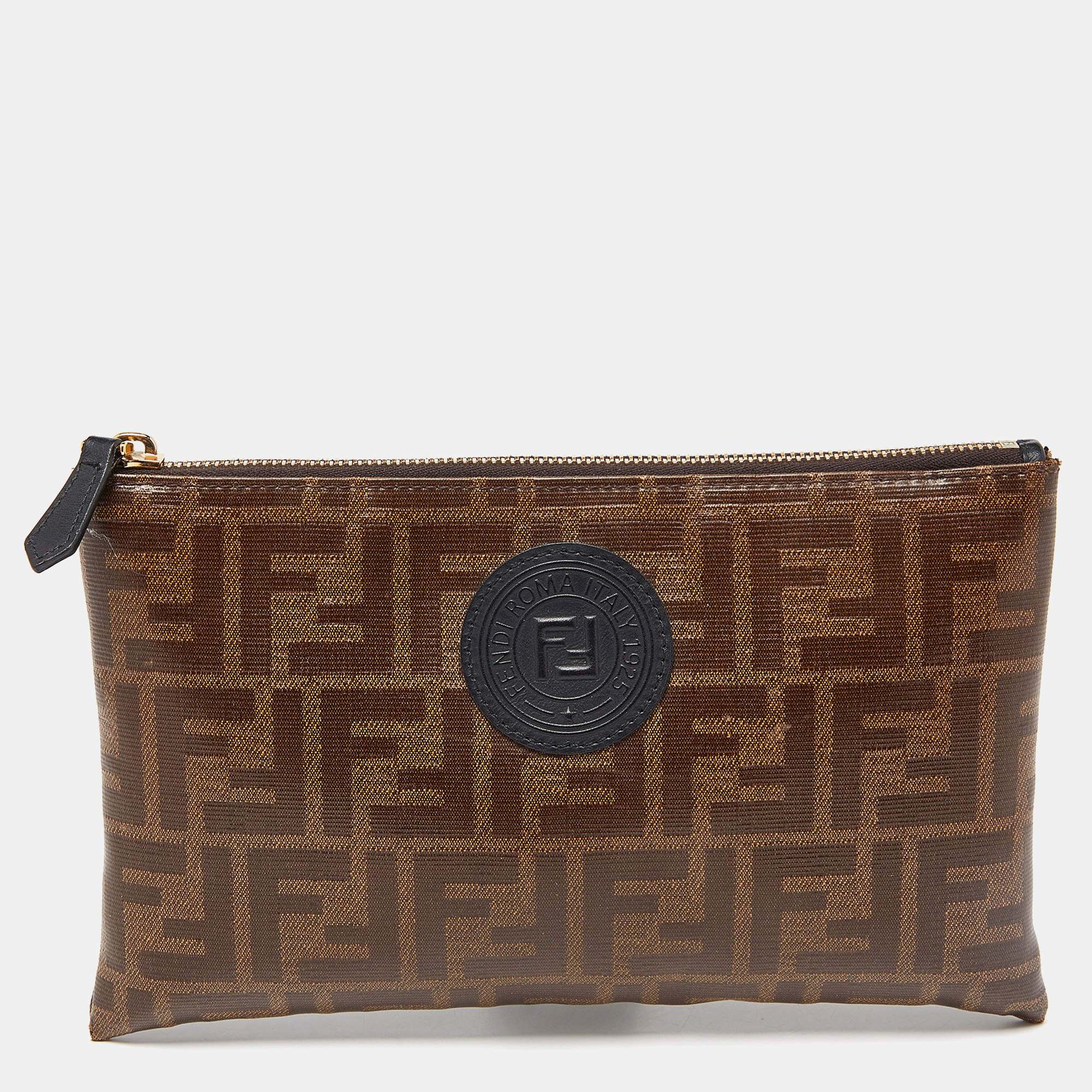 Pre Owned Fendi Brown Zucca Coated Canvas Zip Pouch 