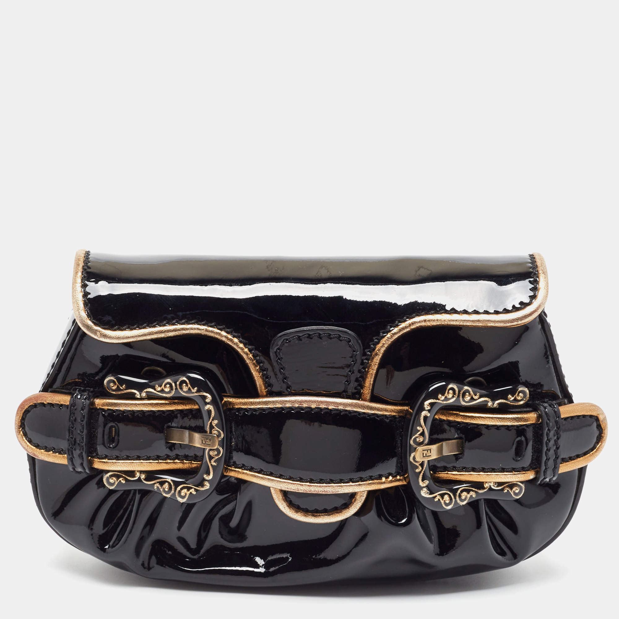 Pre Owned Fendi Black/Gold Patent and Leather B Clutch