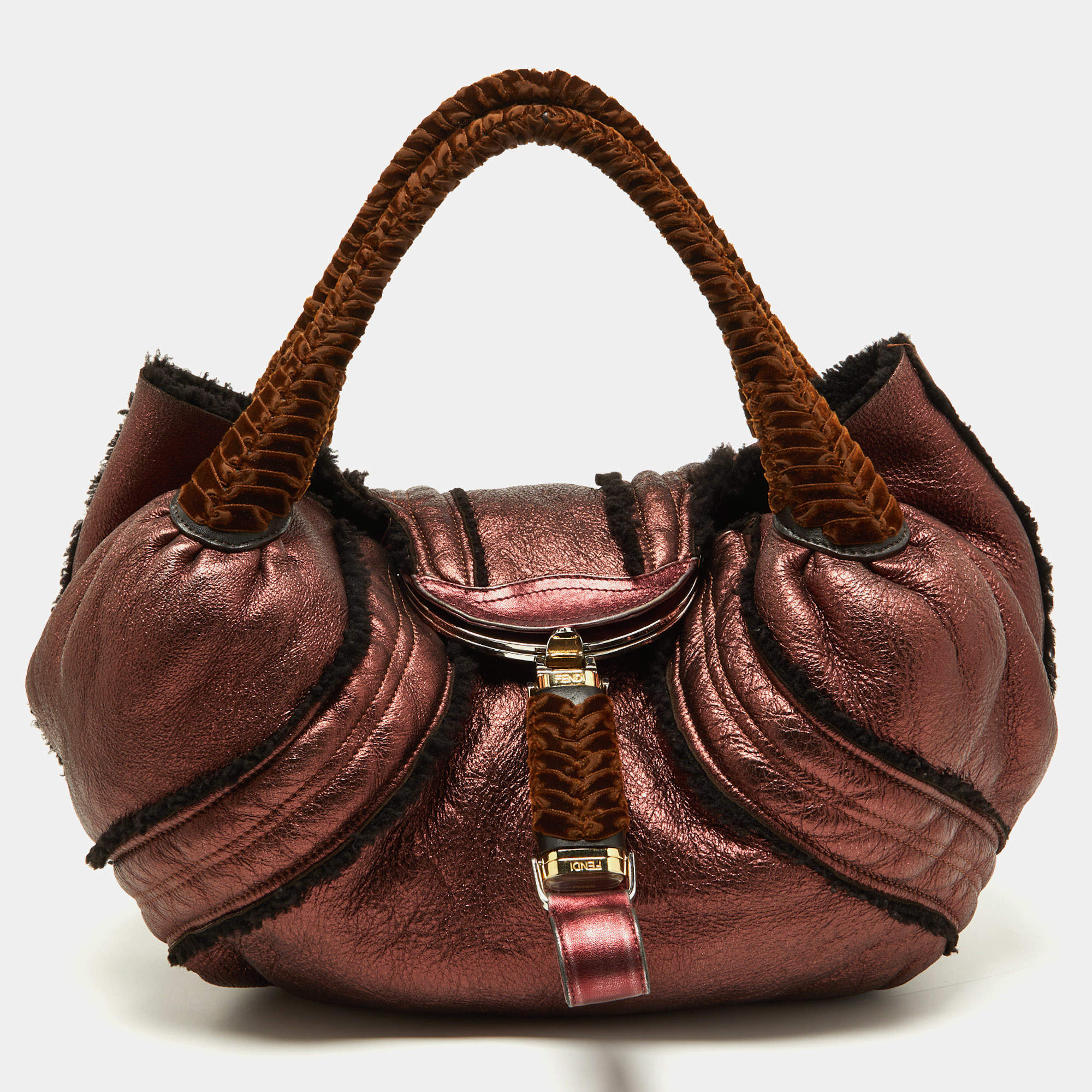 Pre Owned Fendi Metallic Burgundy/Brown Leather and Velvet Spy Bag