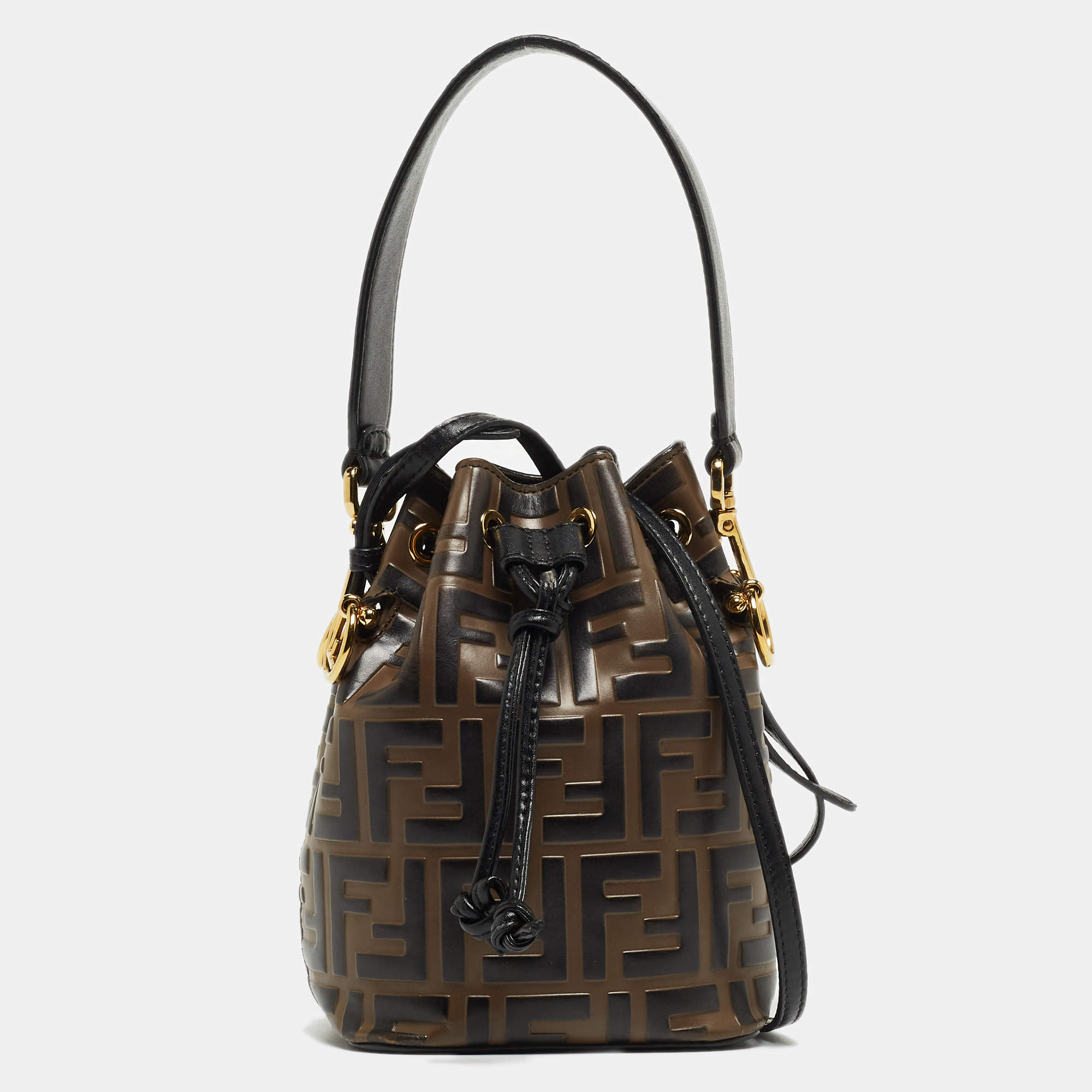 Pre Owned Fendi Brown/Black Zucca Leather Mini Mon Tresor Drawstring Bucket Bag