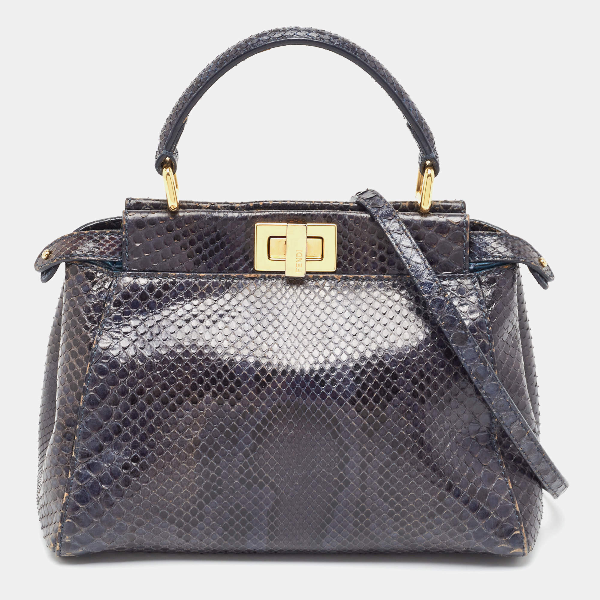 Fendi Navy Blue Python Mini Peekaboo Top Handle Bag