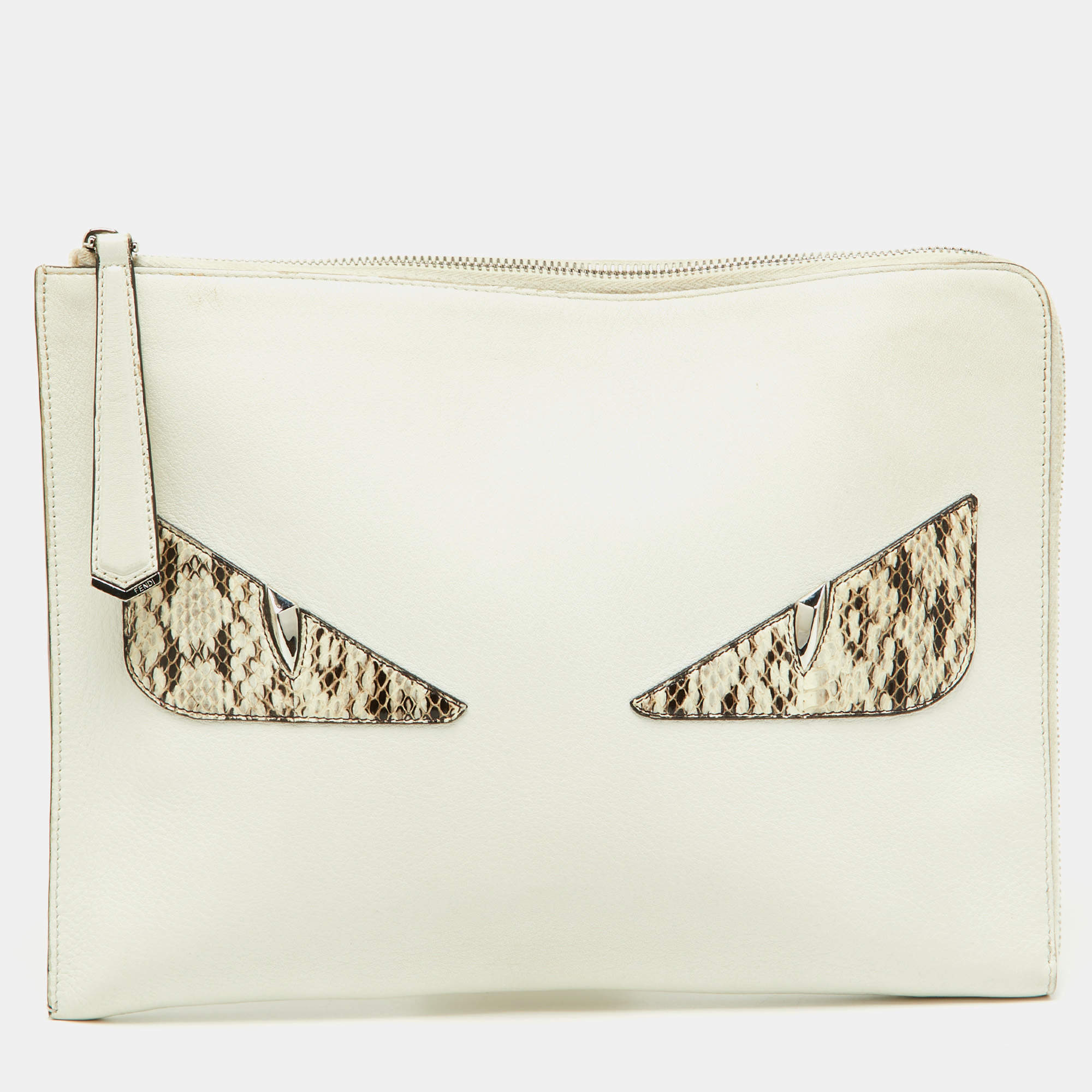 Pre Owned Fendi Off White/Brown Leather and Watersnake Leather Monster Eyes Zip Pouch