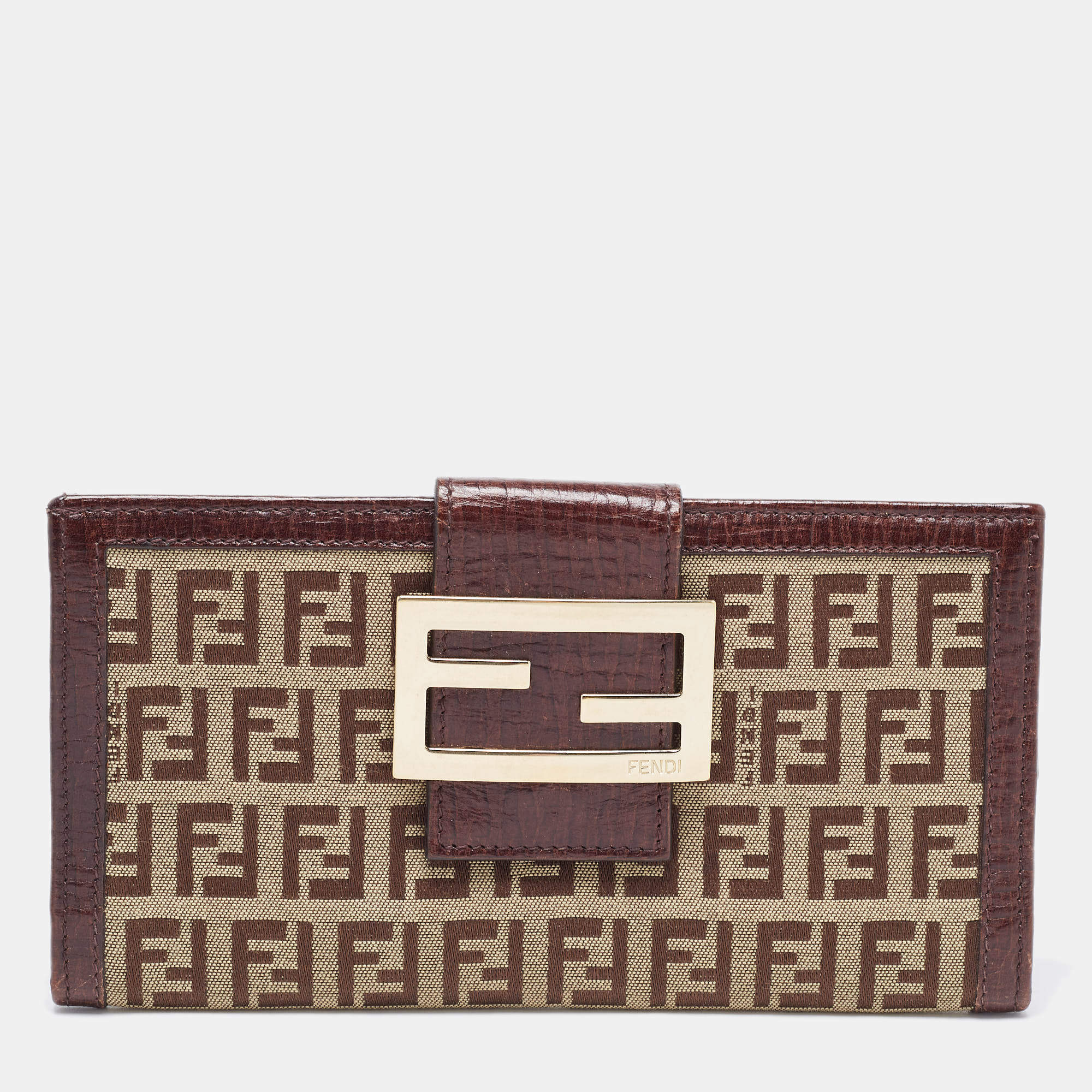 Pre Owned Fendi Beige/Brown Zucca Canvas and Leather Bi-fold Continental Wallet
