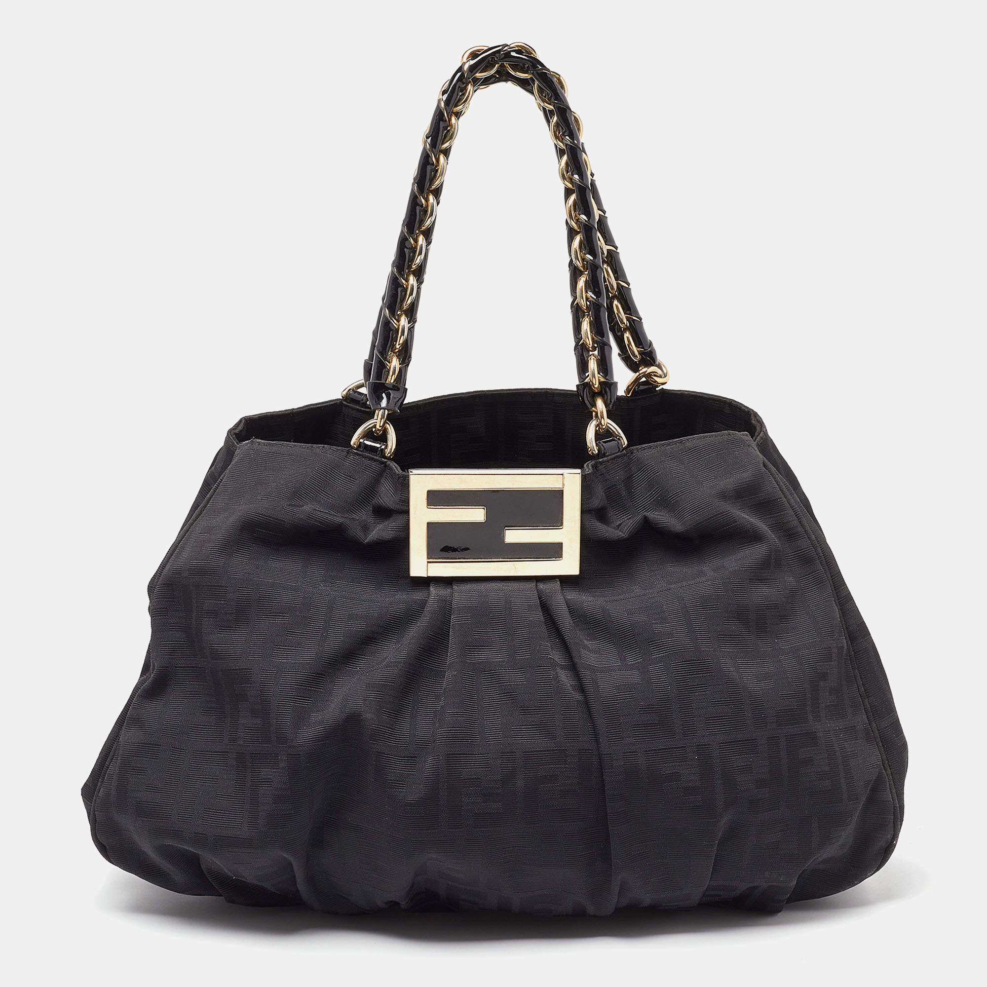 Pre Owned Fendi Black Zucca Canvas and Patent Leather Mia Shoulder Bag
