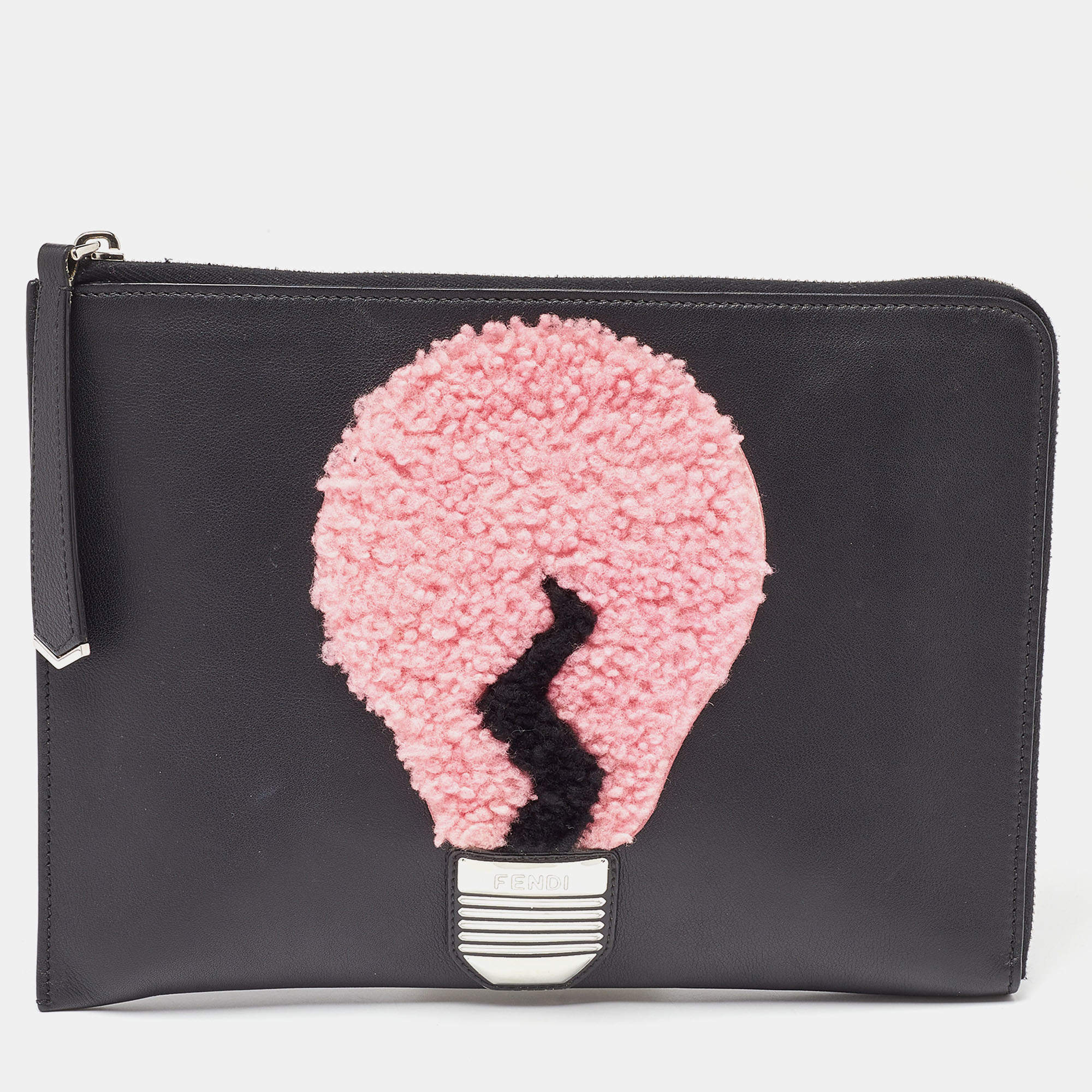 Pre Owned Fendi Black Leather and Shearling Fur FF Fflynn Zip Clutch