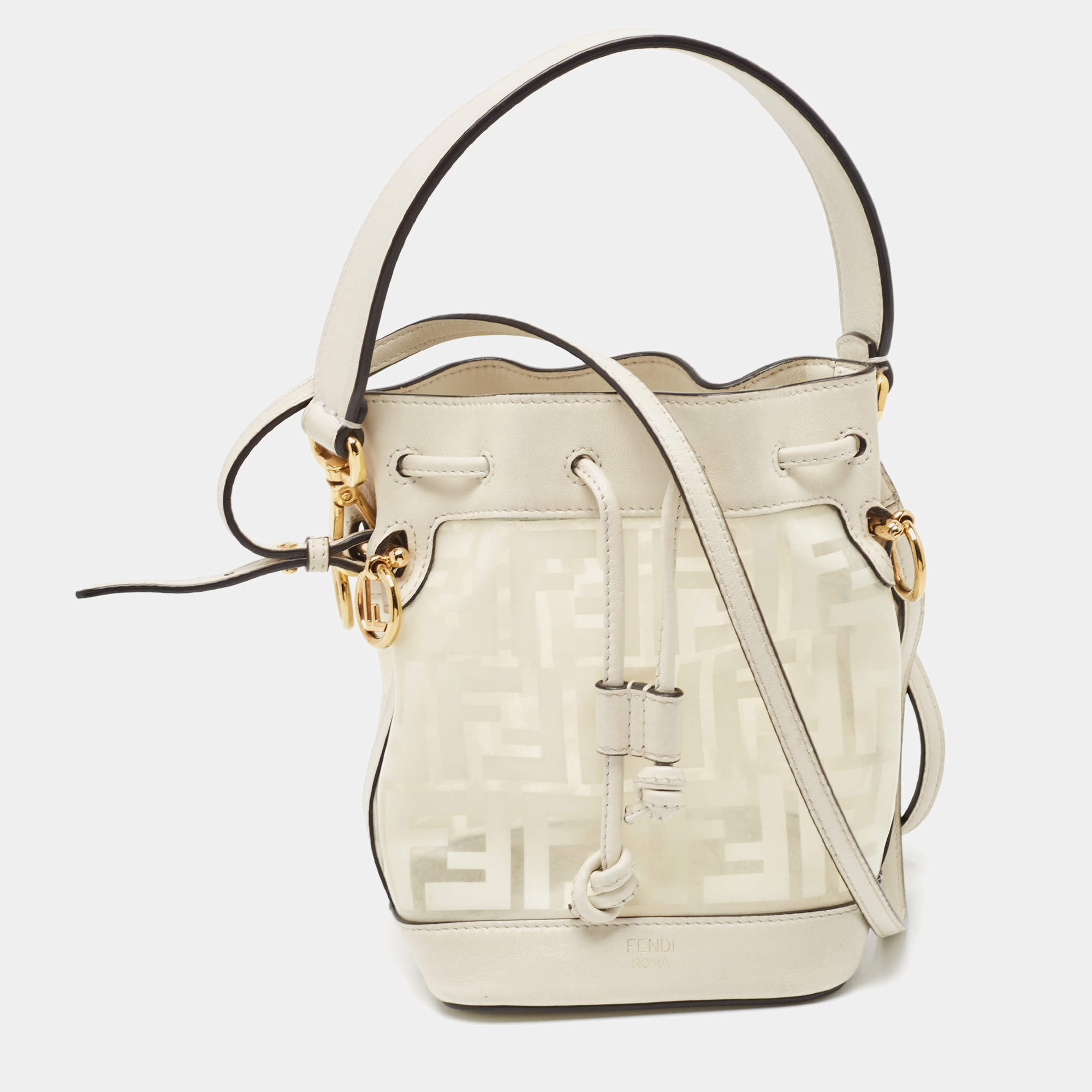 Pre Owned Fendi White Zucca PVC And Leather Mini Mon Tresor Drawstring Bucket Bag