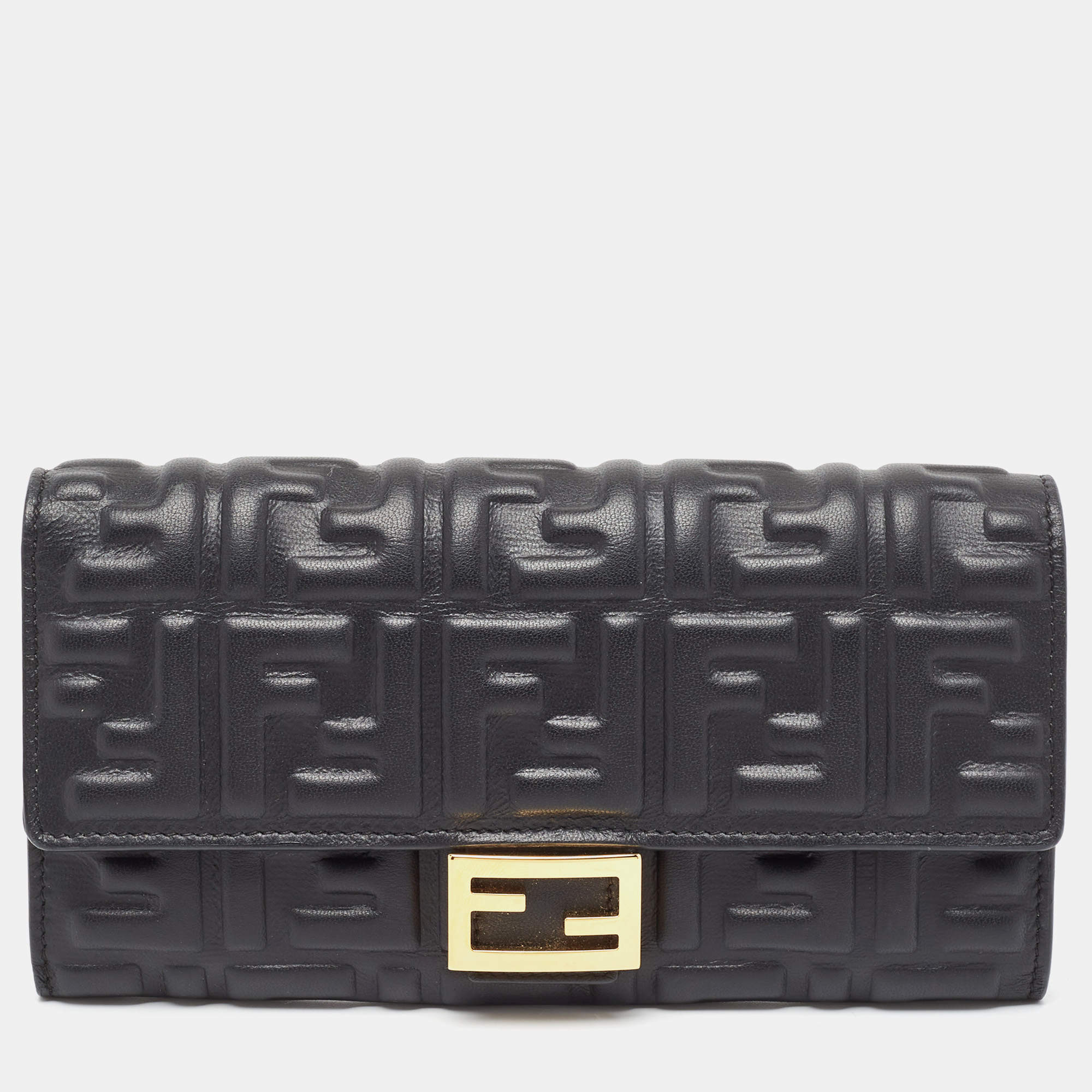 Pre Owned Fendi Black Zucca Embossed Leather FF Flap Continental Wallet 
