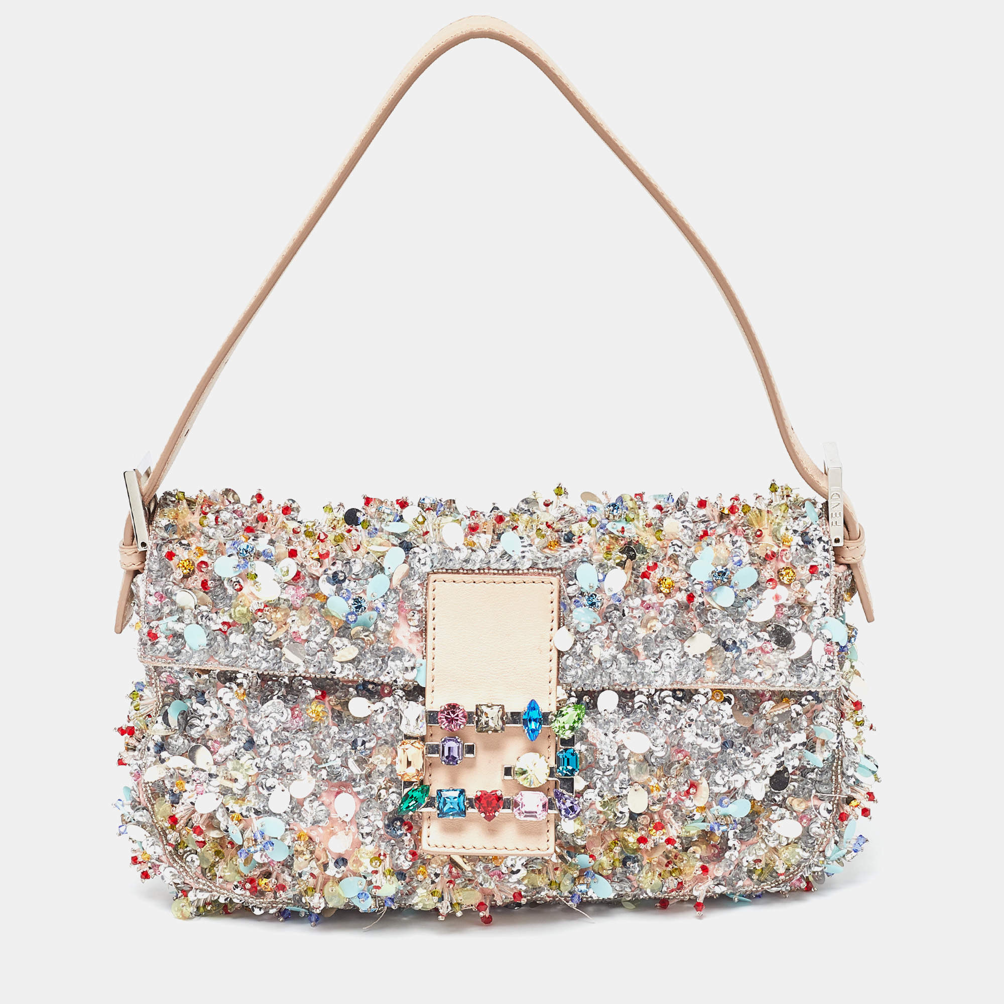 Pre Owned Fendi Pink Sequins/Beaded and Leather Baguette Bag
