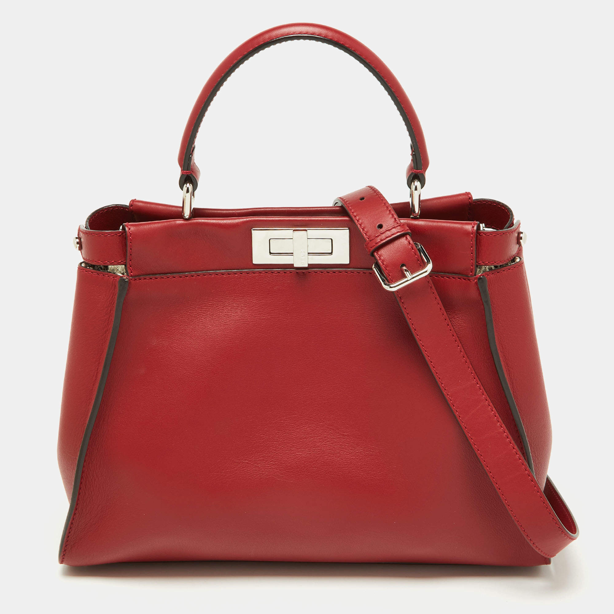 Fendi Red Leather Regular PeekabooTop Handle Bag