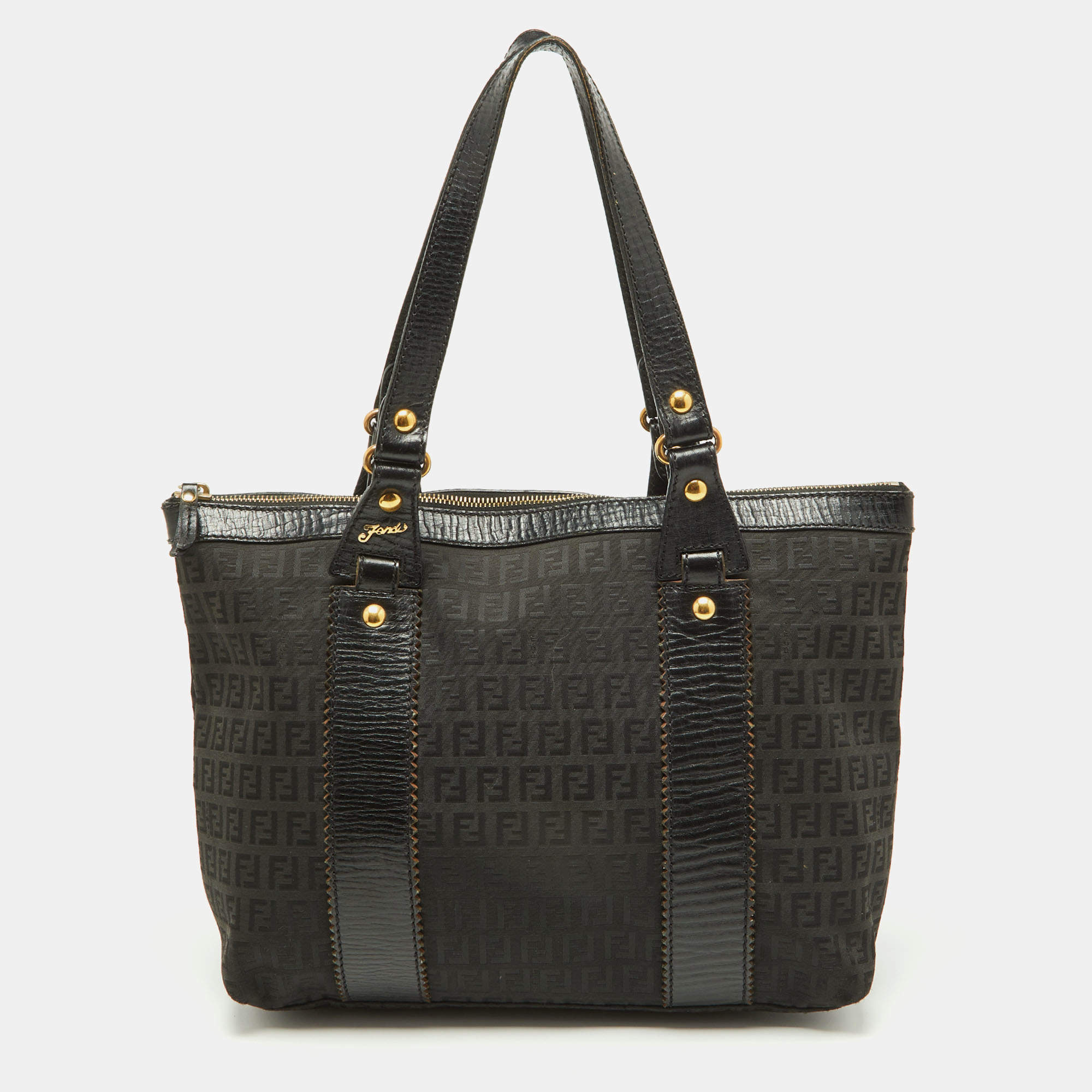 Pre Owned Fendi Black Zuchino Fabric and Leather Top Zip Tote