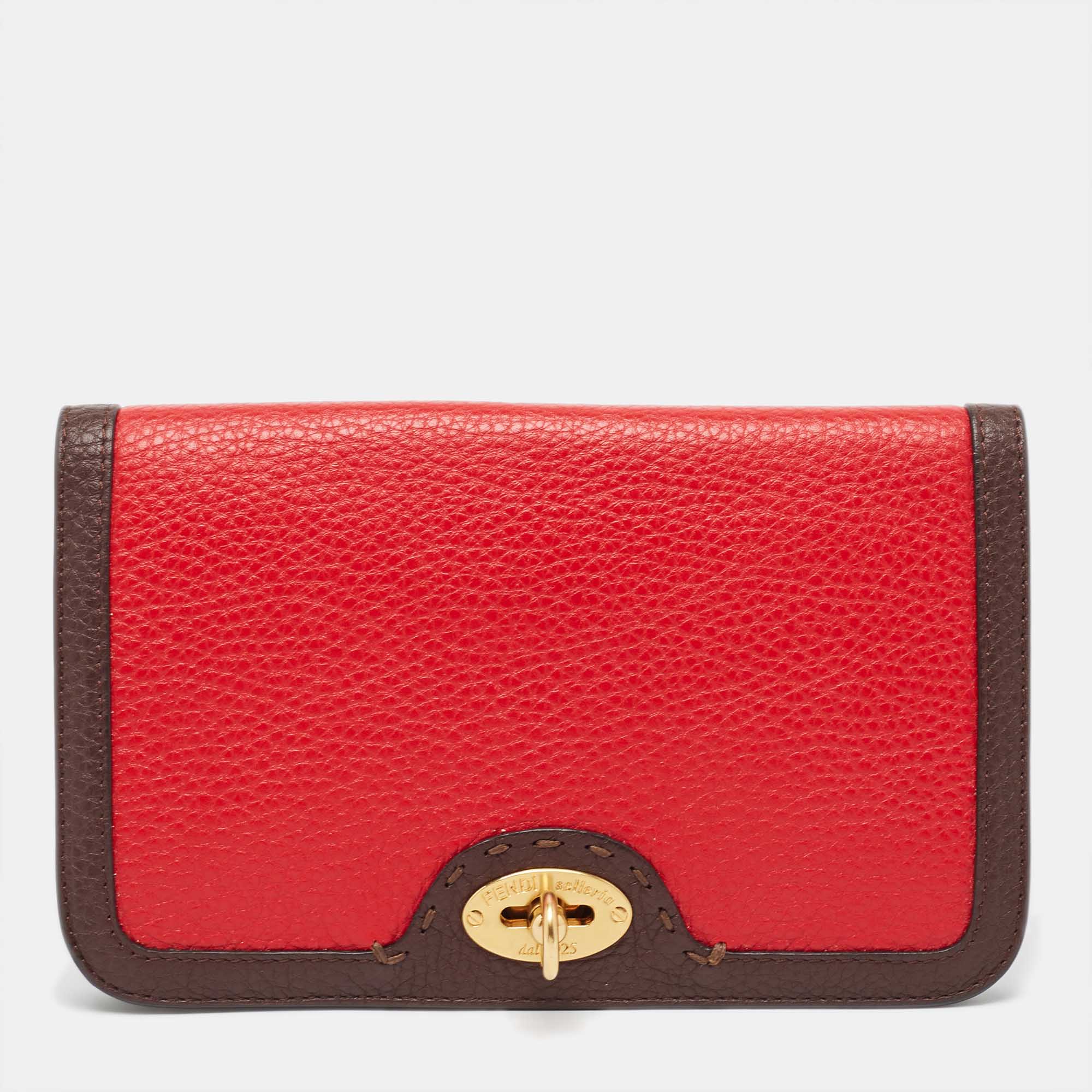 Pre Owned Fendi Dark Brown/Red Selleria Leather Flap Clutch