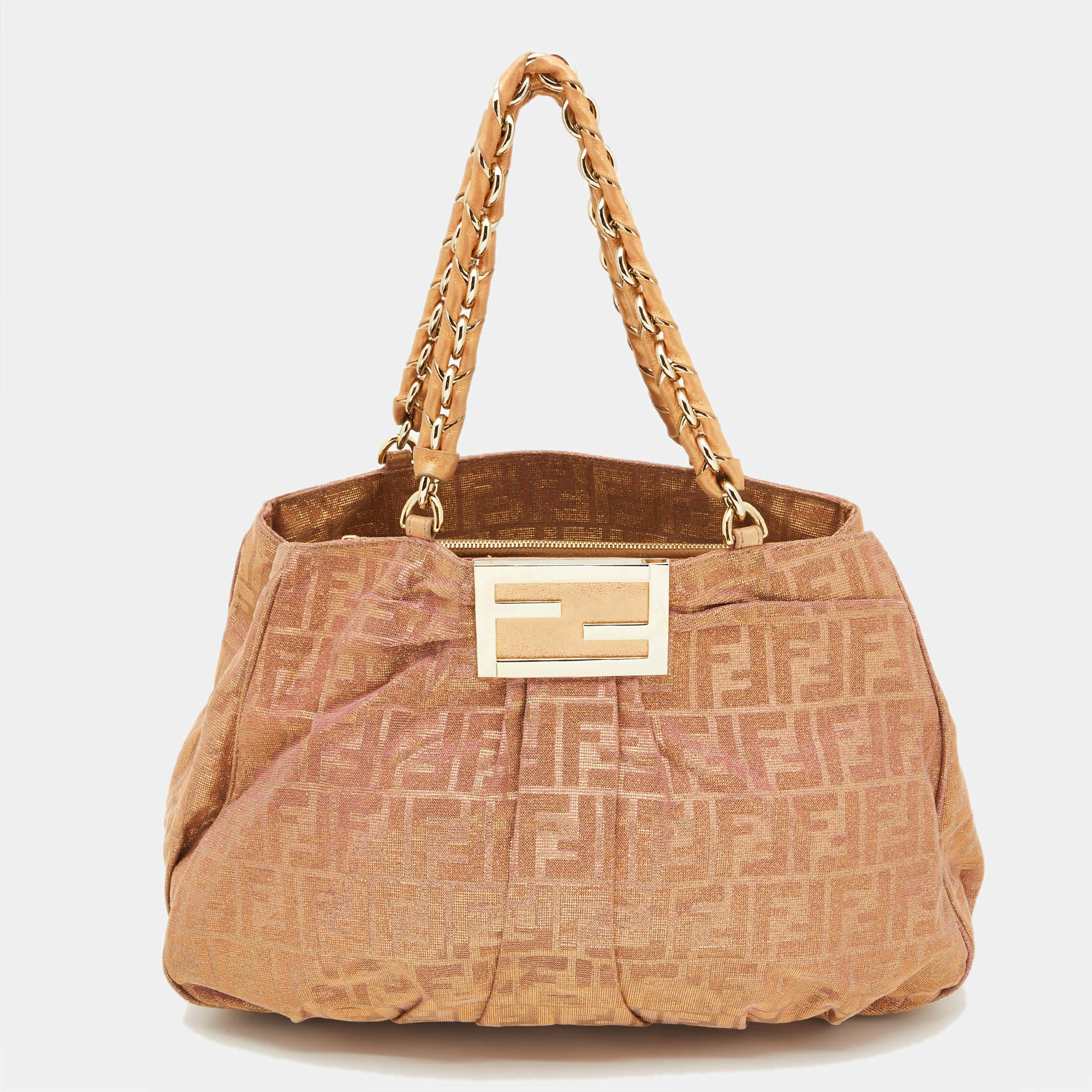 Pre Owned Fendi Holographic Zucca Lurex Fabric and Leather Large Mia Hobo