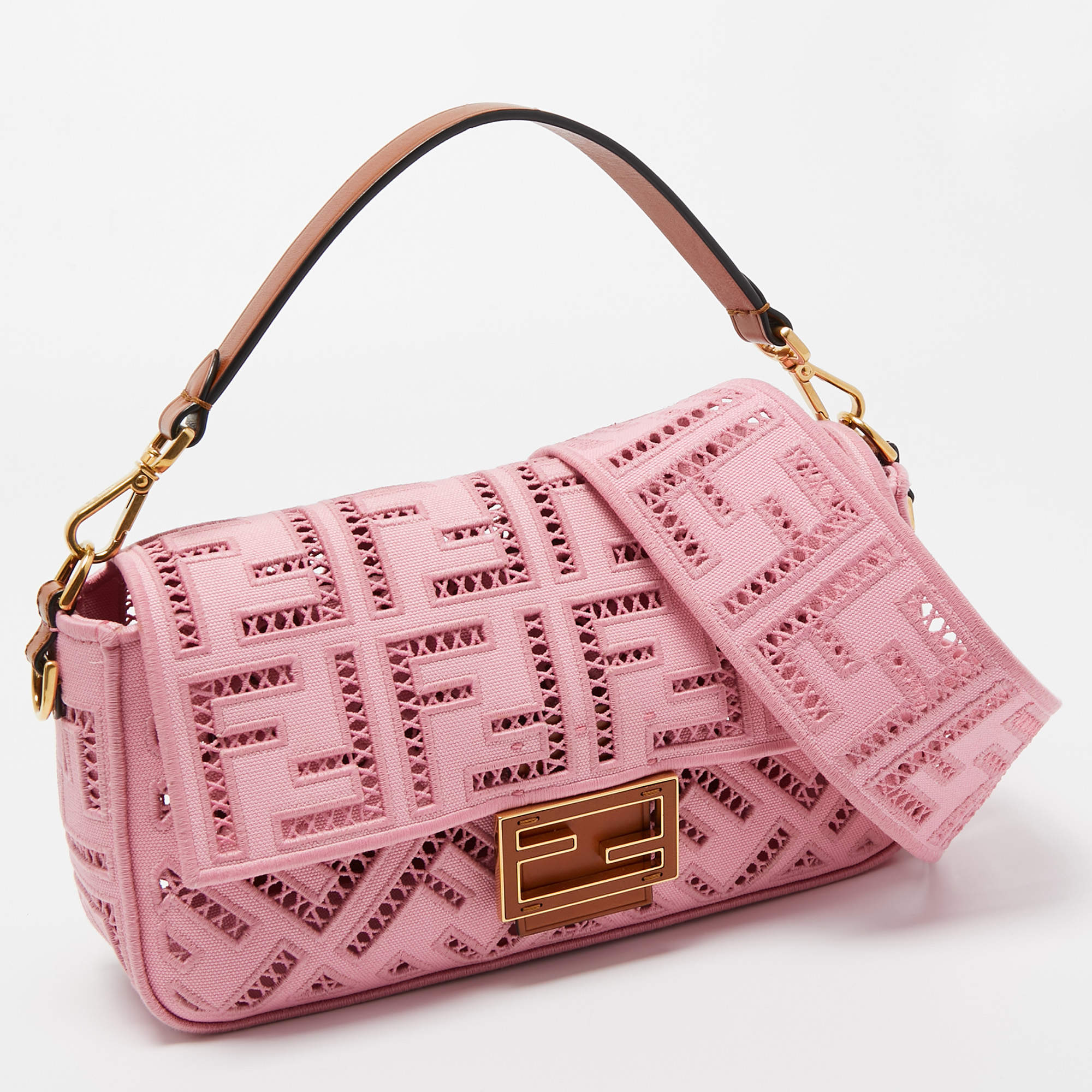 Fendi Pink FF Openwork Embroidered Canvas Medium Baguette Bag