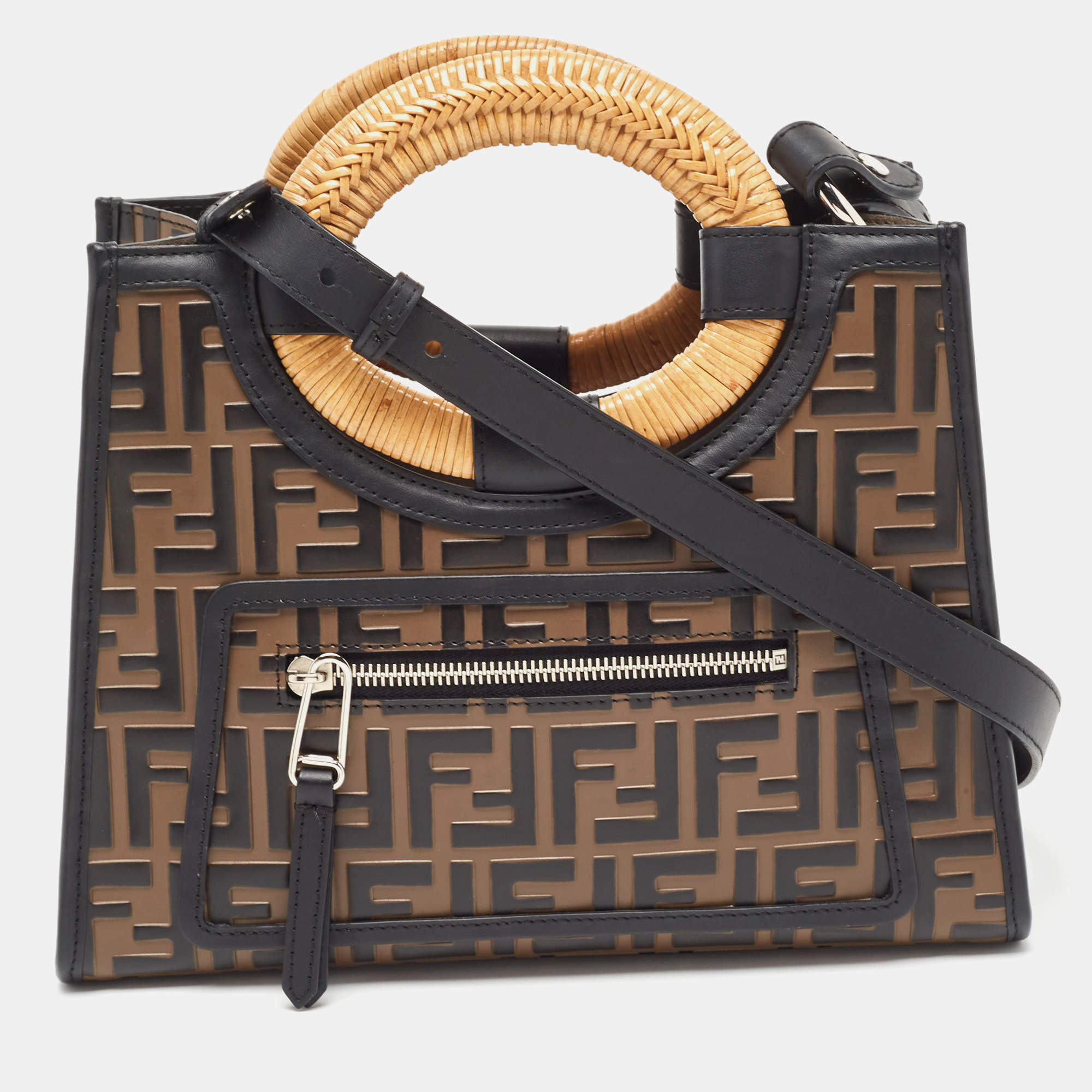 Pre Owned Fendi Brown/Black Zucca Embossed Leather and Wicker Small Runaway Shopper Tote