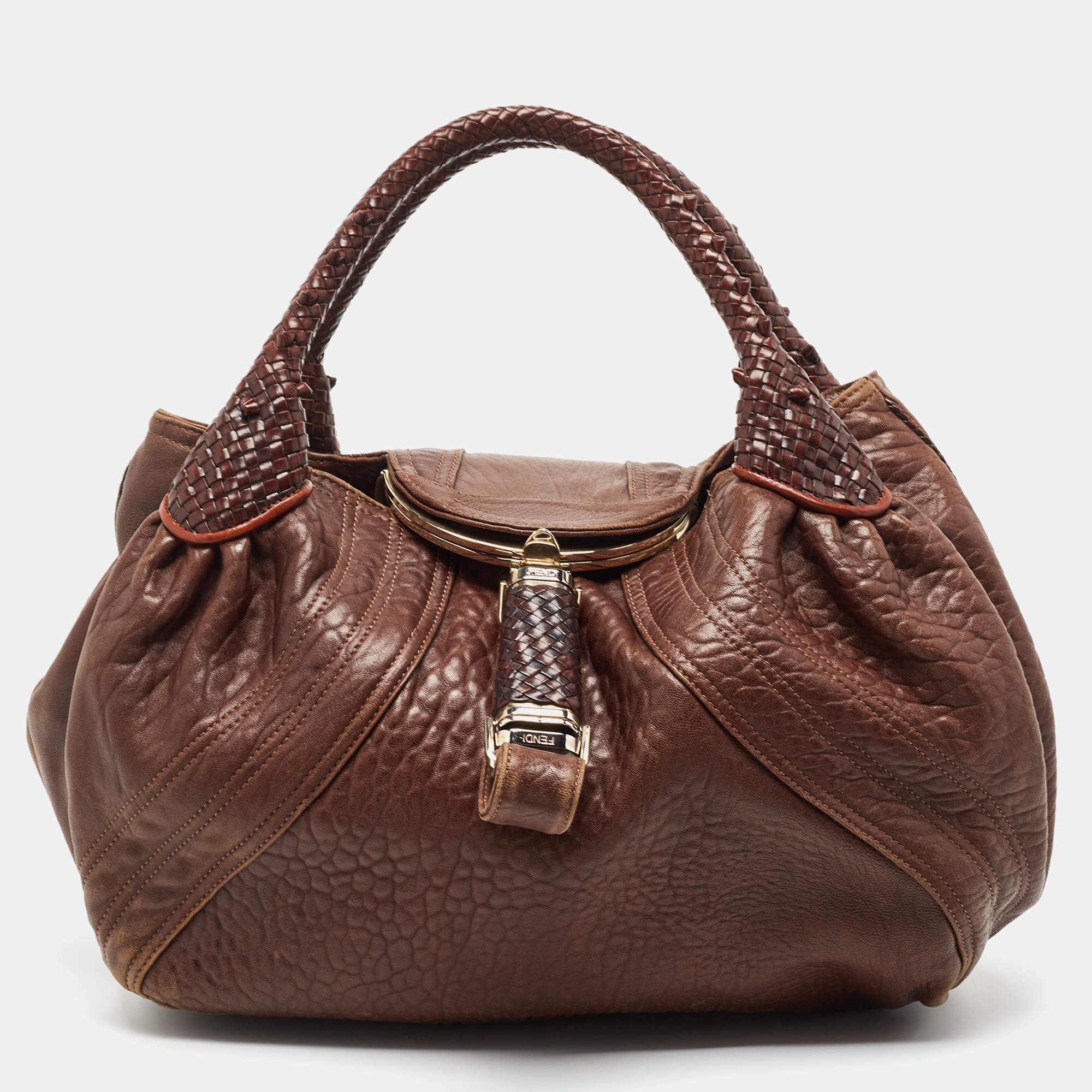 Pre Owned Fendi Brown Pebbled Leather Spy Bag