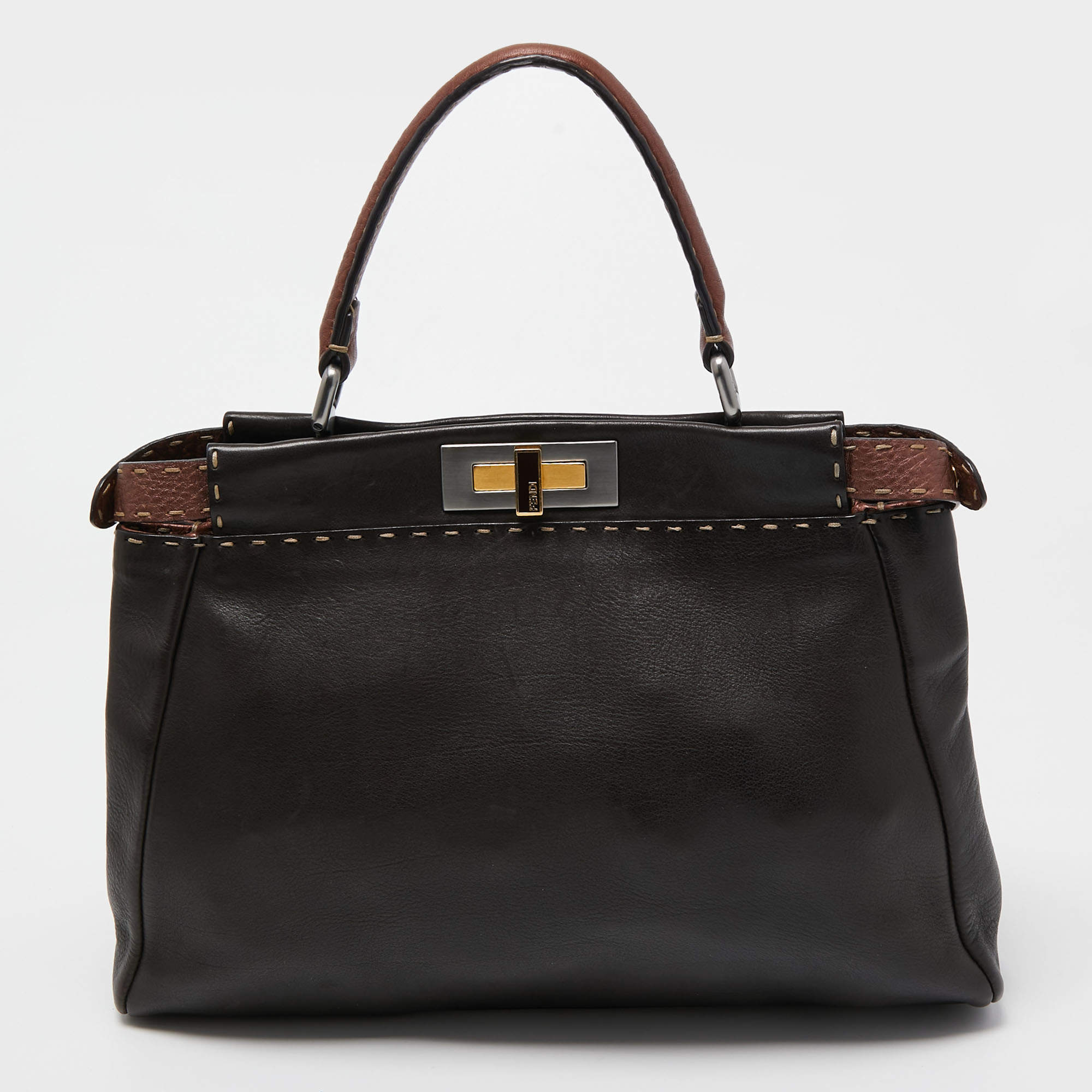 Pre Owned Fendi Dark Brown Leather Small Peekaboo Top Handle Bag