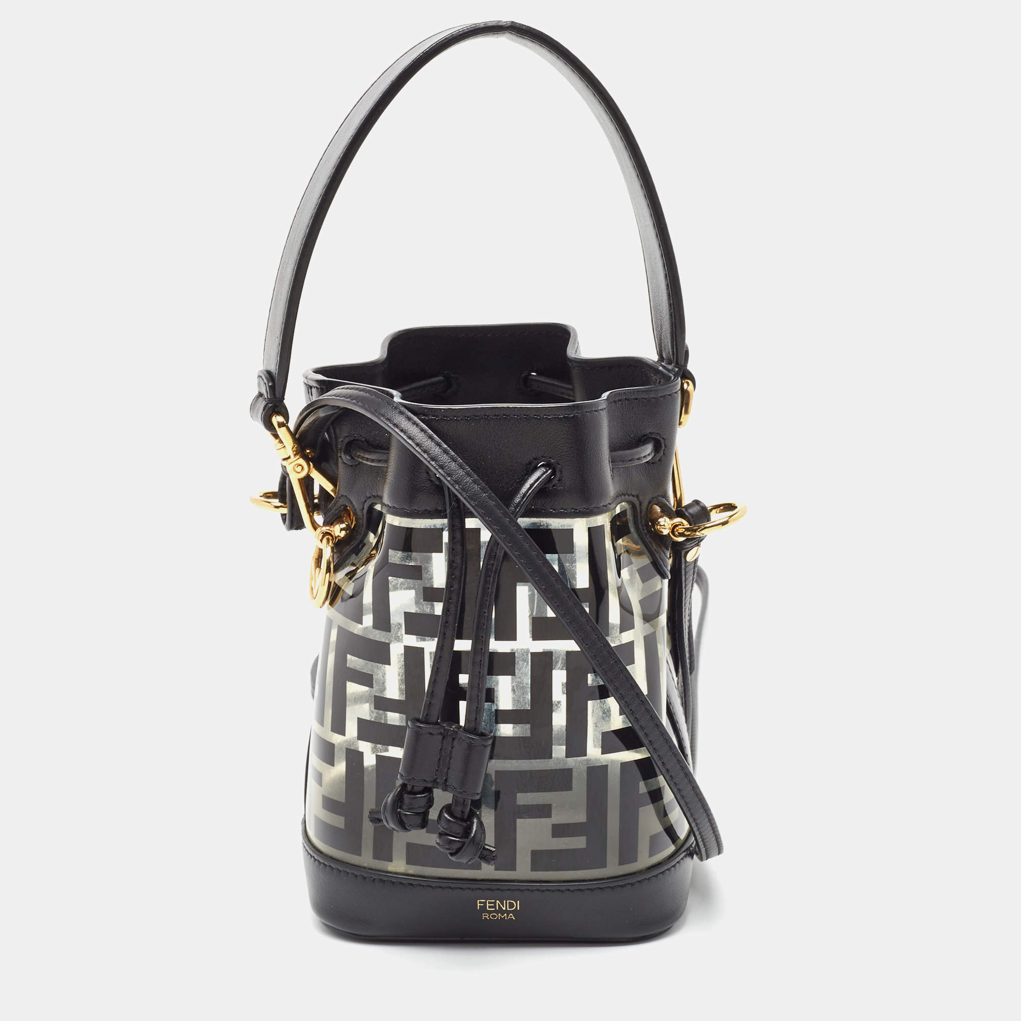 Pre Owned Fendi Black Zucca PVC and Leather Mini Mon Tresor Drawstring Bucket Bag