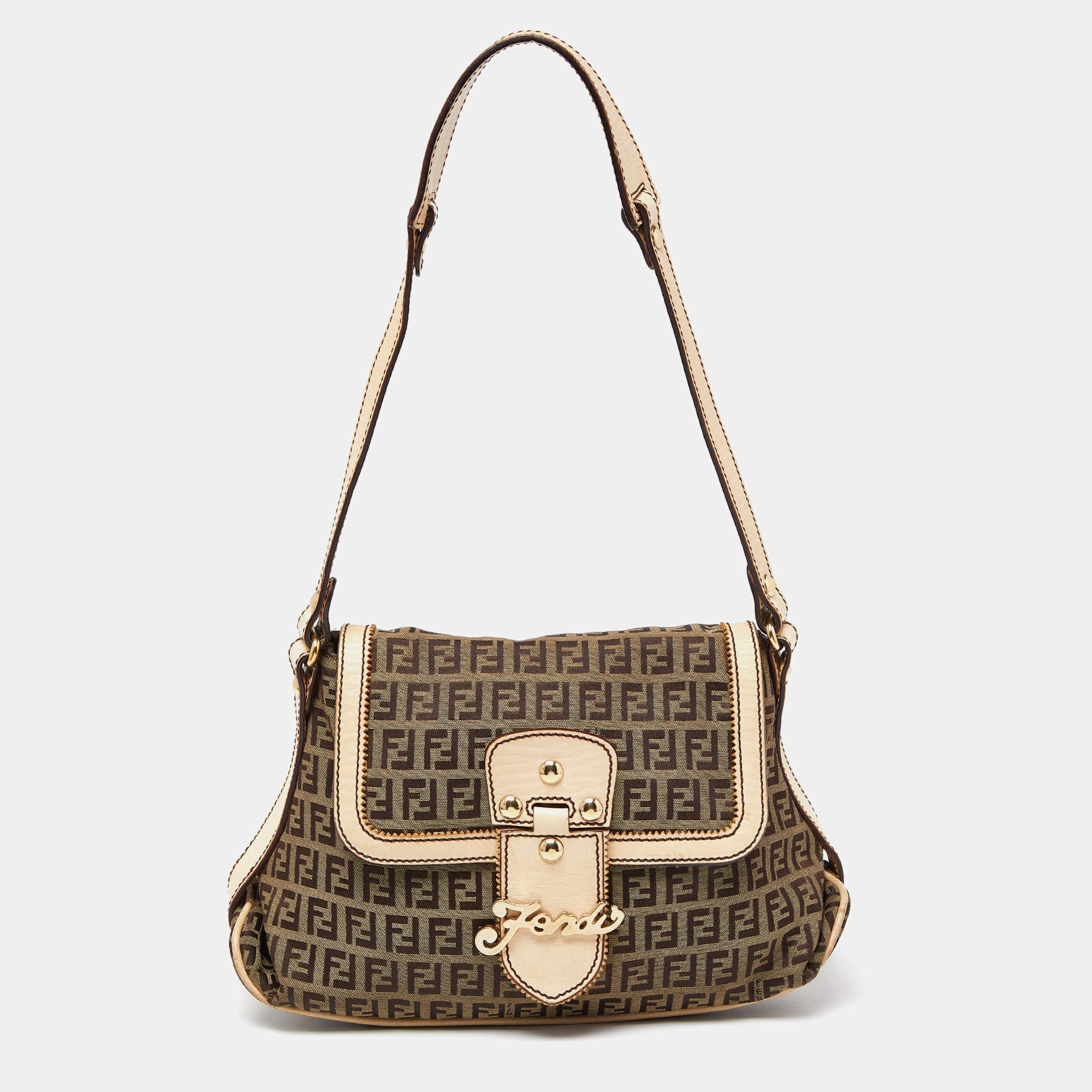 Fendi Beige Zucchino Fabric and Leather Logo Flap Bag