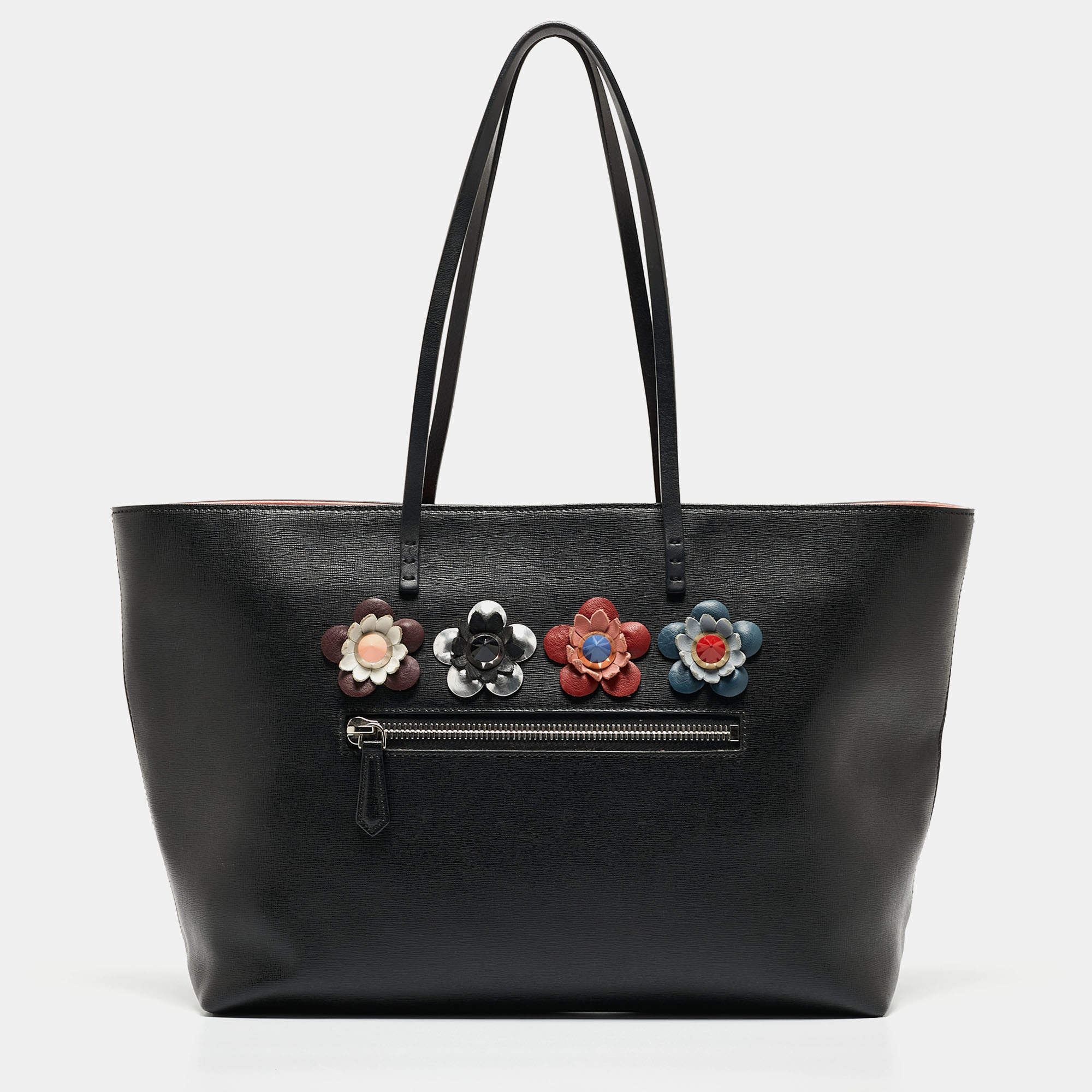 Pre Owned Fendi Black/Pink Leather Medium Flowerland Roll Tote