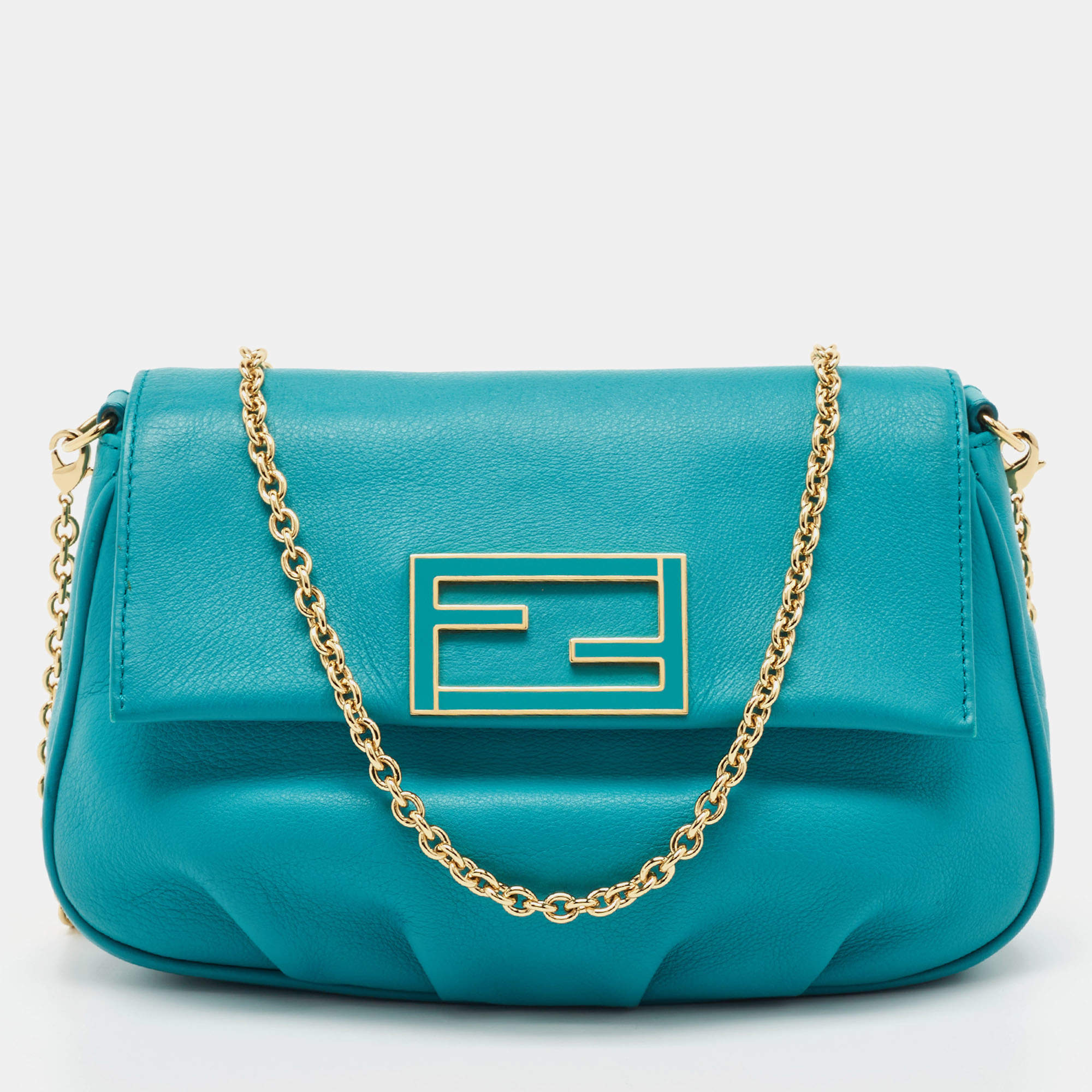 Pre Owned Fendi Blue Leather Fendista Chain Clutch 