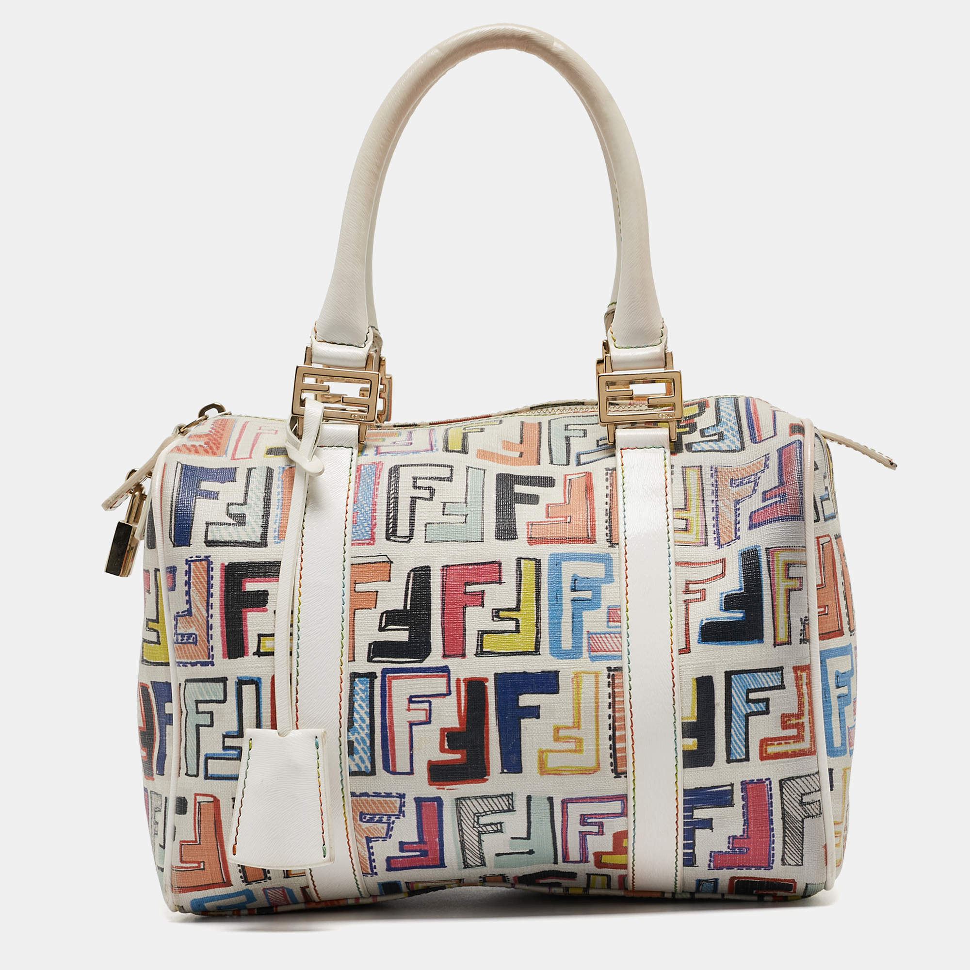 Pre Owned Fendi Multicolor Zucchino Coated Canvas and Leather Small Forever Bauletto Bag