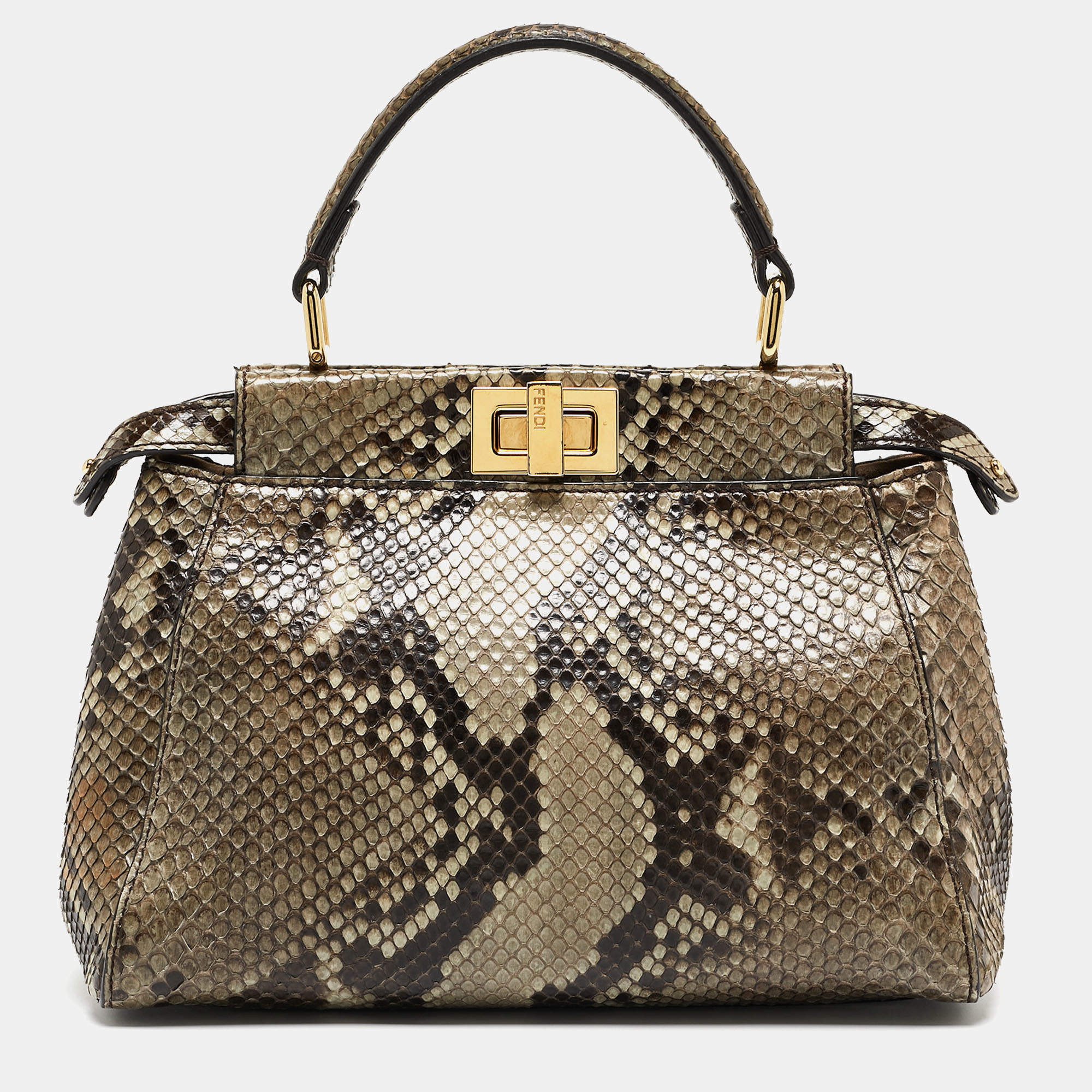 Pre Owned Fendi Beige/Black Python Mini Peekaboo Top Handle Bag