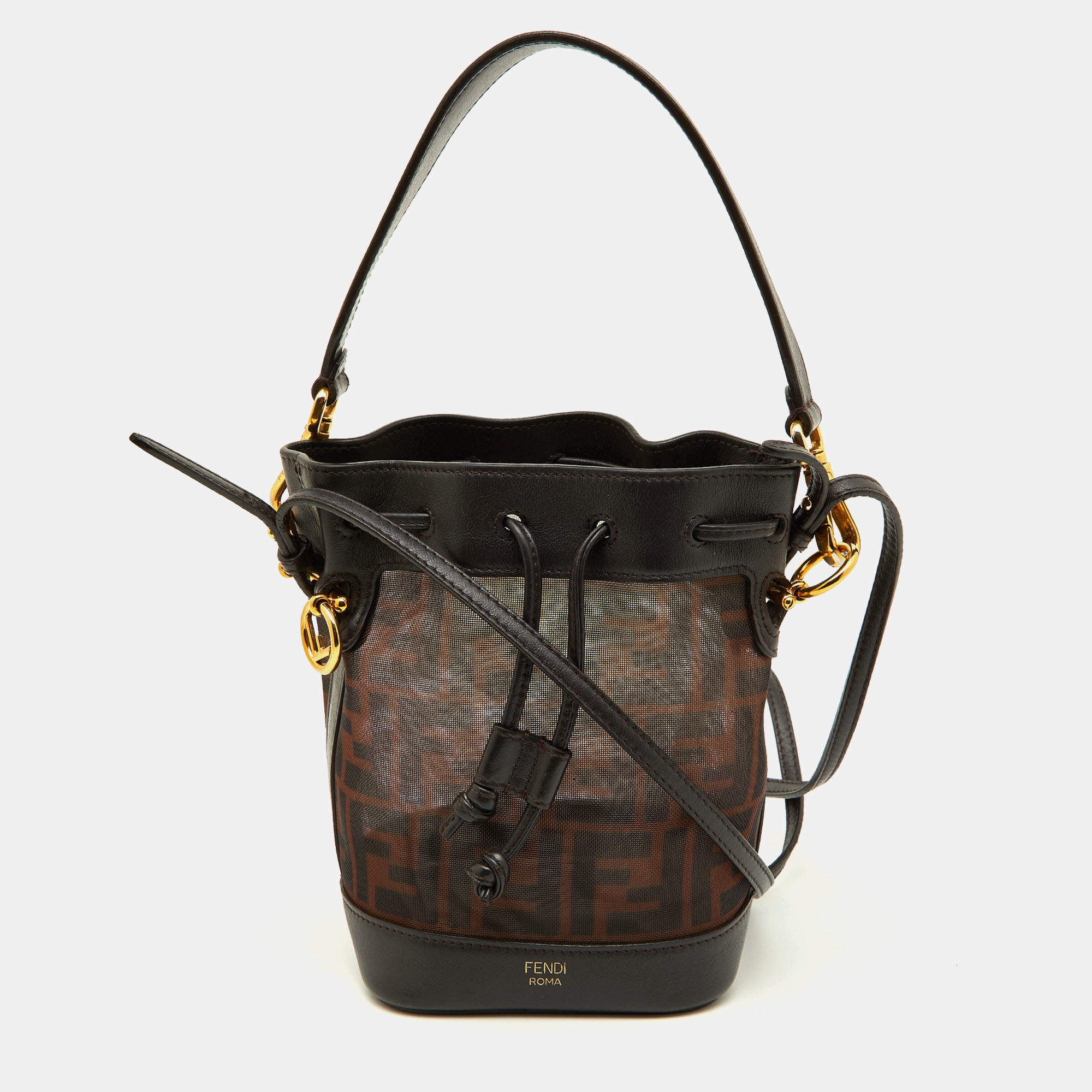 Pre Owned Fendi Tobacco Zucca  Mesh and Leather Mini Mon Tresor Bucket Bag