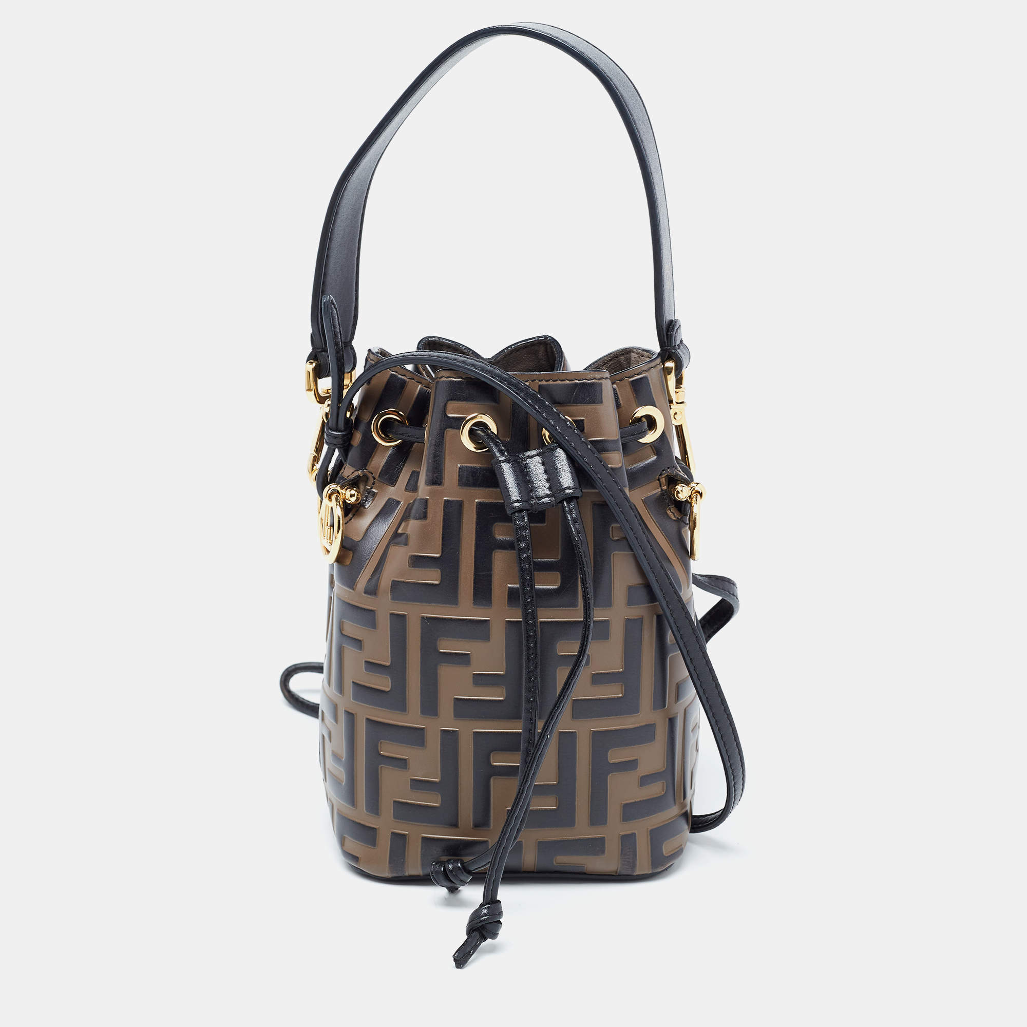 Pre Owned Fendi Black/Brown Zucca Embossed Leather Mini Mon Tresor Bucket Bag