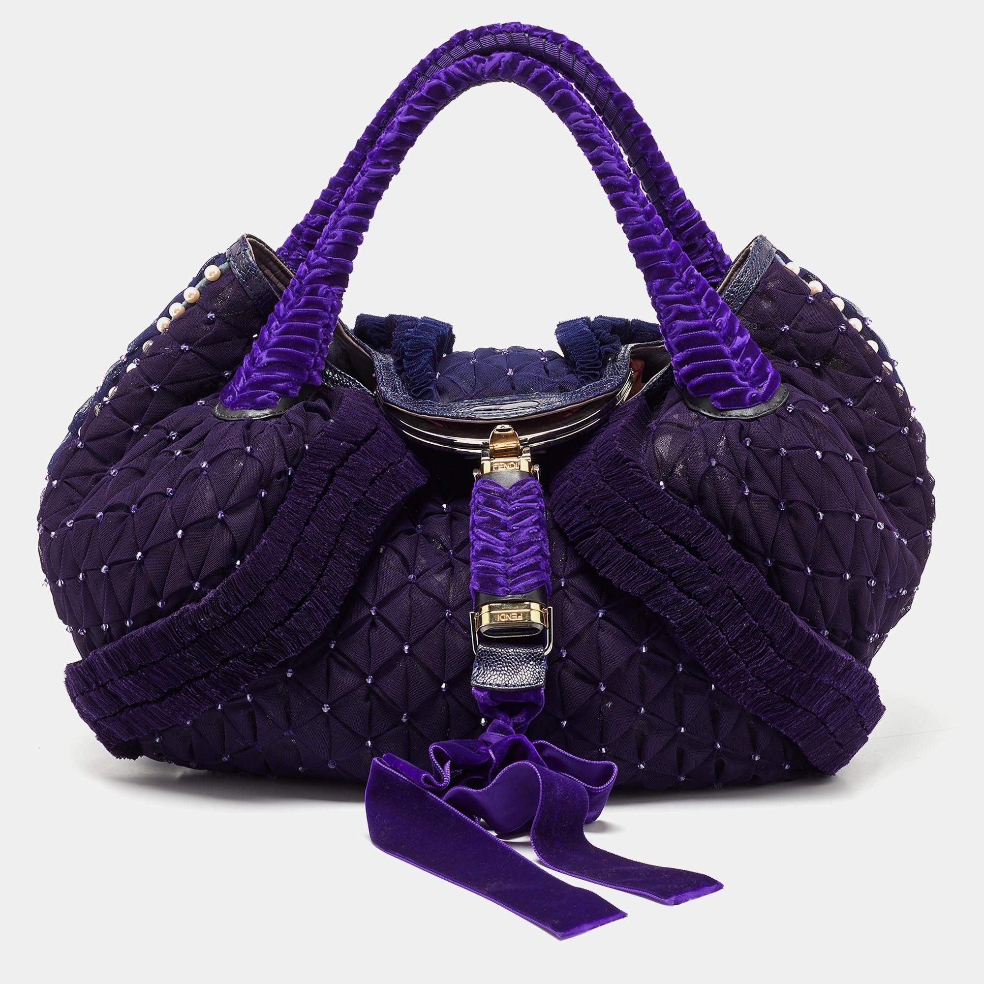 Pre Owned Fendi Purple Mesh,Velvet and Alligator Pearl Embellished Spy Hobo