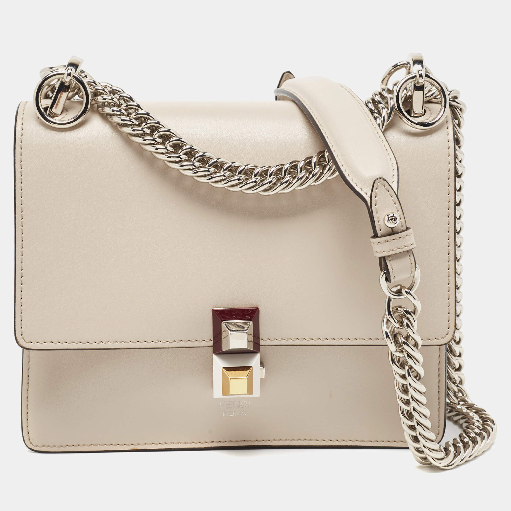 Pre Owned Fendi Taupe Leather Mini Kan I Shoulder Bag