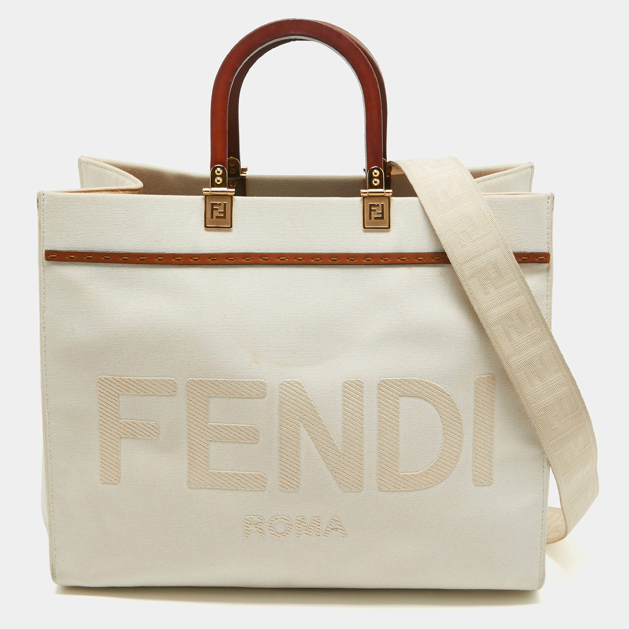 Fendi Off White Canvas and Leather Medium Sunshine Tote