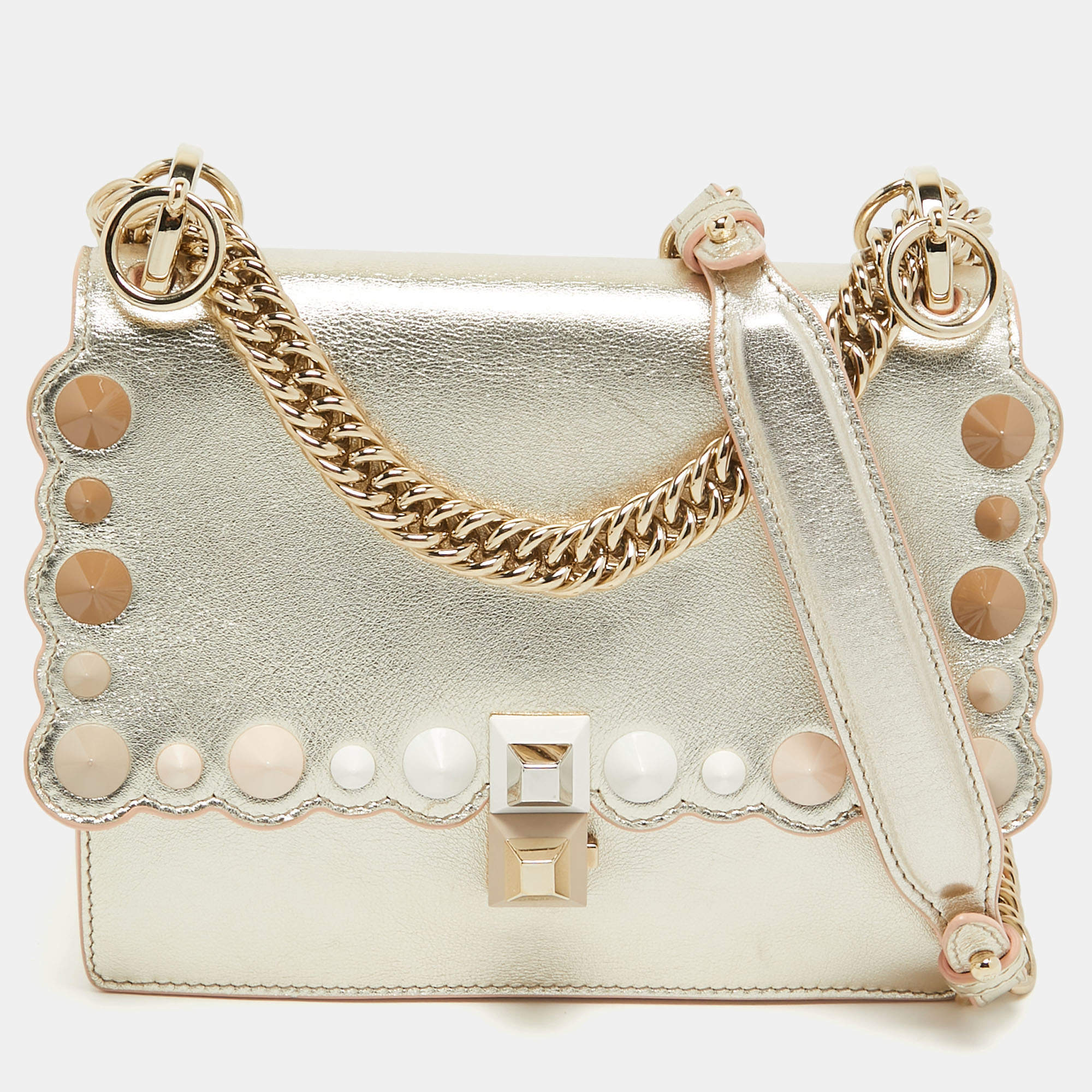 Pre Owned Fendi Gold Leather Small Scalloped Studded Kan I Shoulder Bag