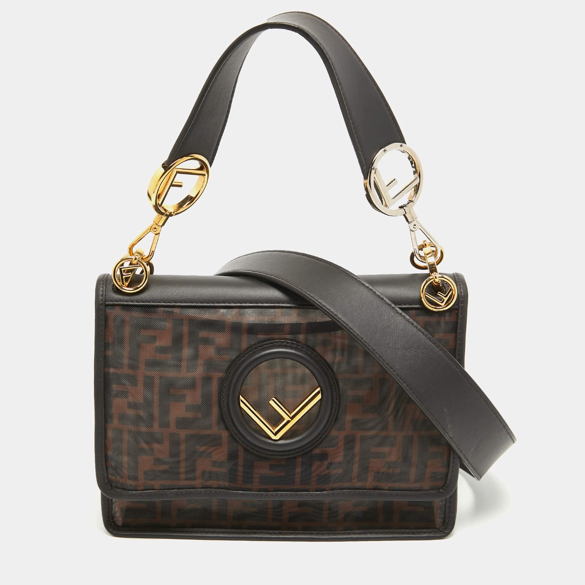 Pre Owned Fendi Black/Brown FF Mesh and Leather Kan I Shoulder Bag