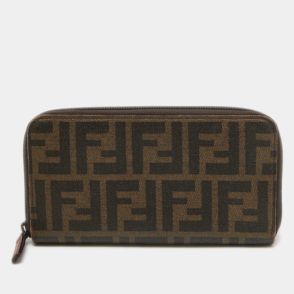 Pre Owned Fendi Tobacco Zucca Coated Canvas Zip Around Wallet