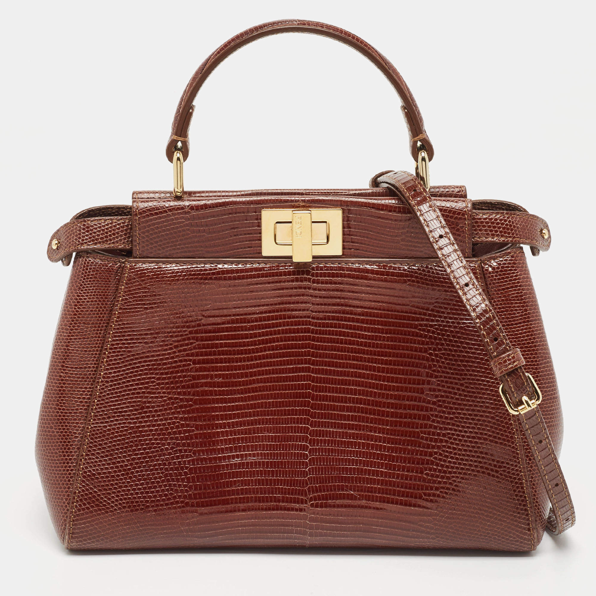 Pre Owned Fendi Brown Glazed Lizard Mini Peekaboo Top Handle Bag