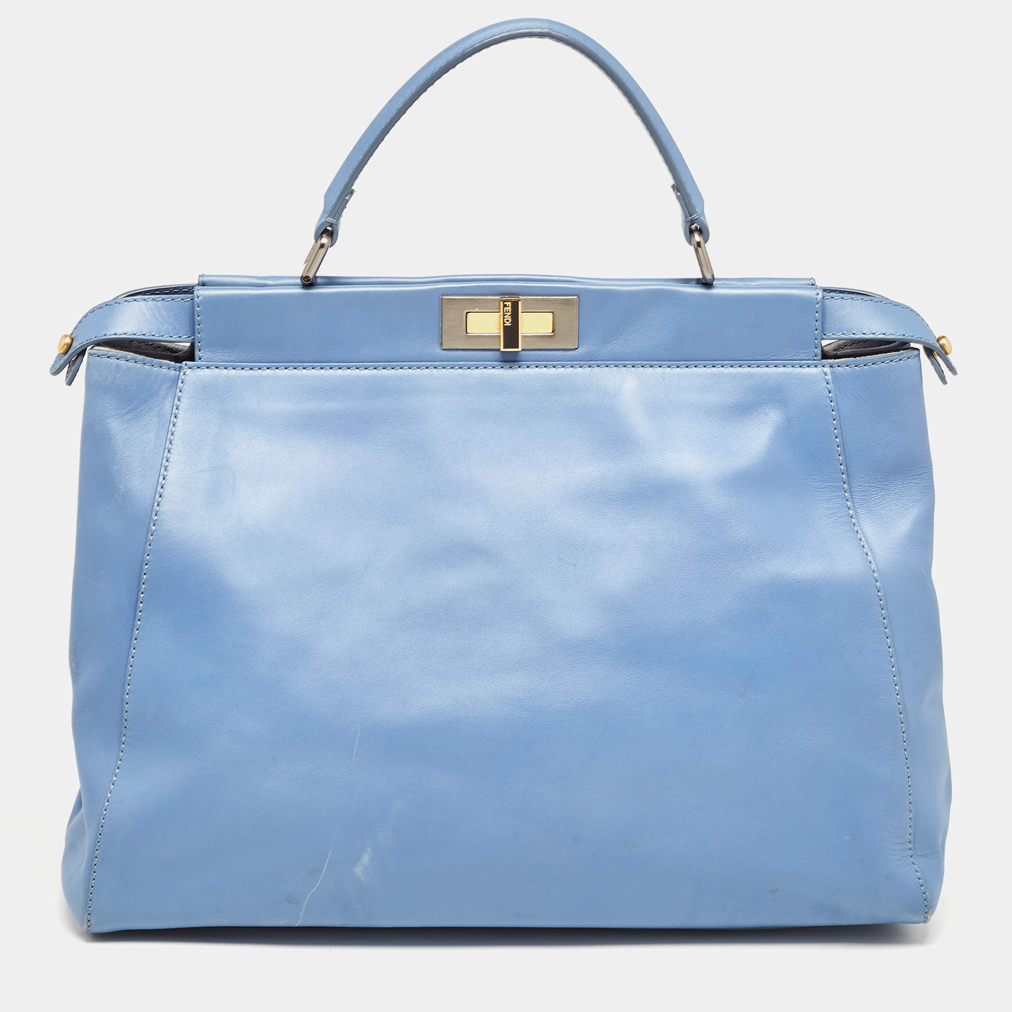 Pre Owned Fendi Blue Leather Large Peekaboo Top Handle Bag