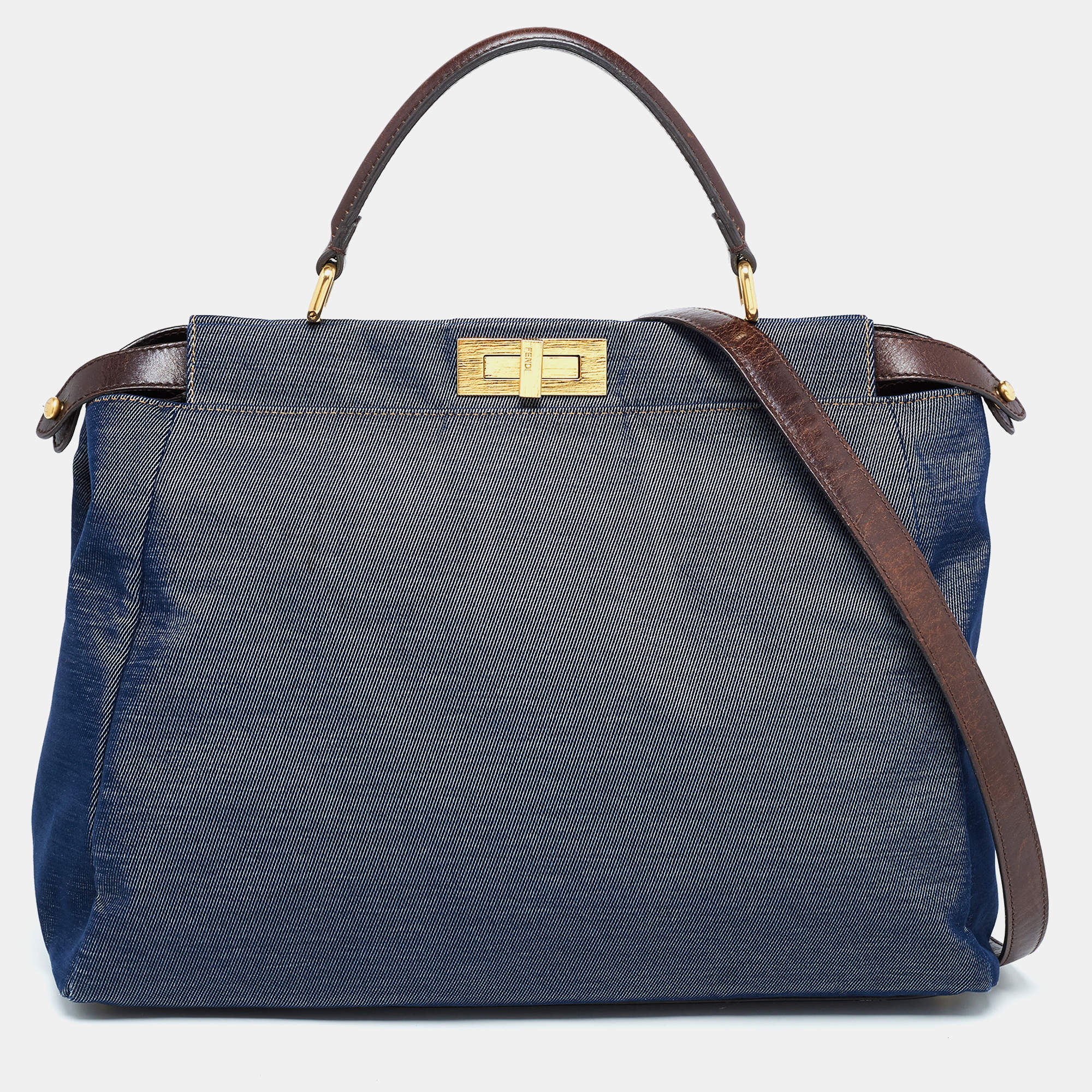 Pre Owned Fendi Blue/Brown Denim and Leather Large Peekaboo Top Handle Bag