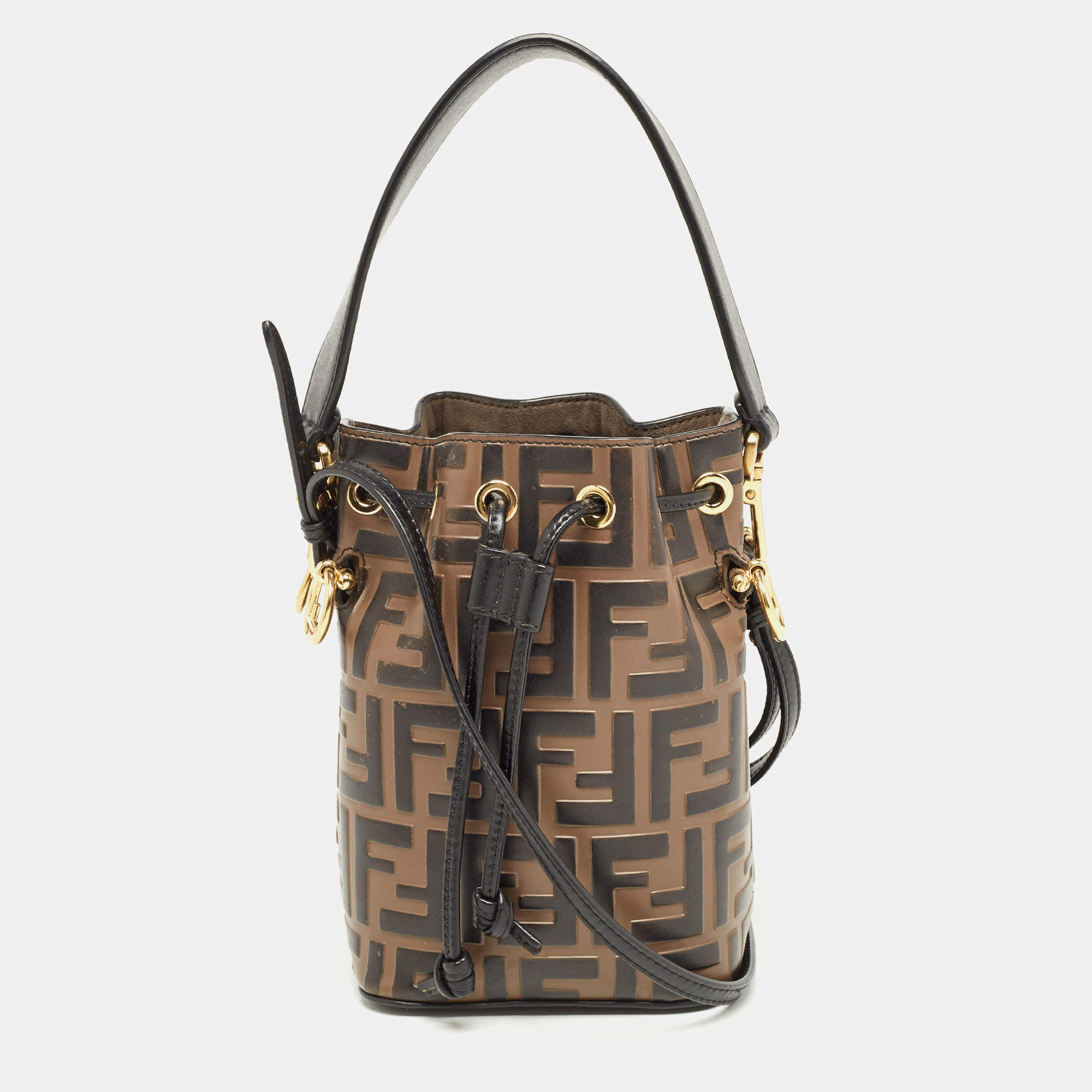 Pre Owned Fendi Brown/Black Zucca Leather Mini Mon Tresor Drawstring Bucket Bag