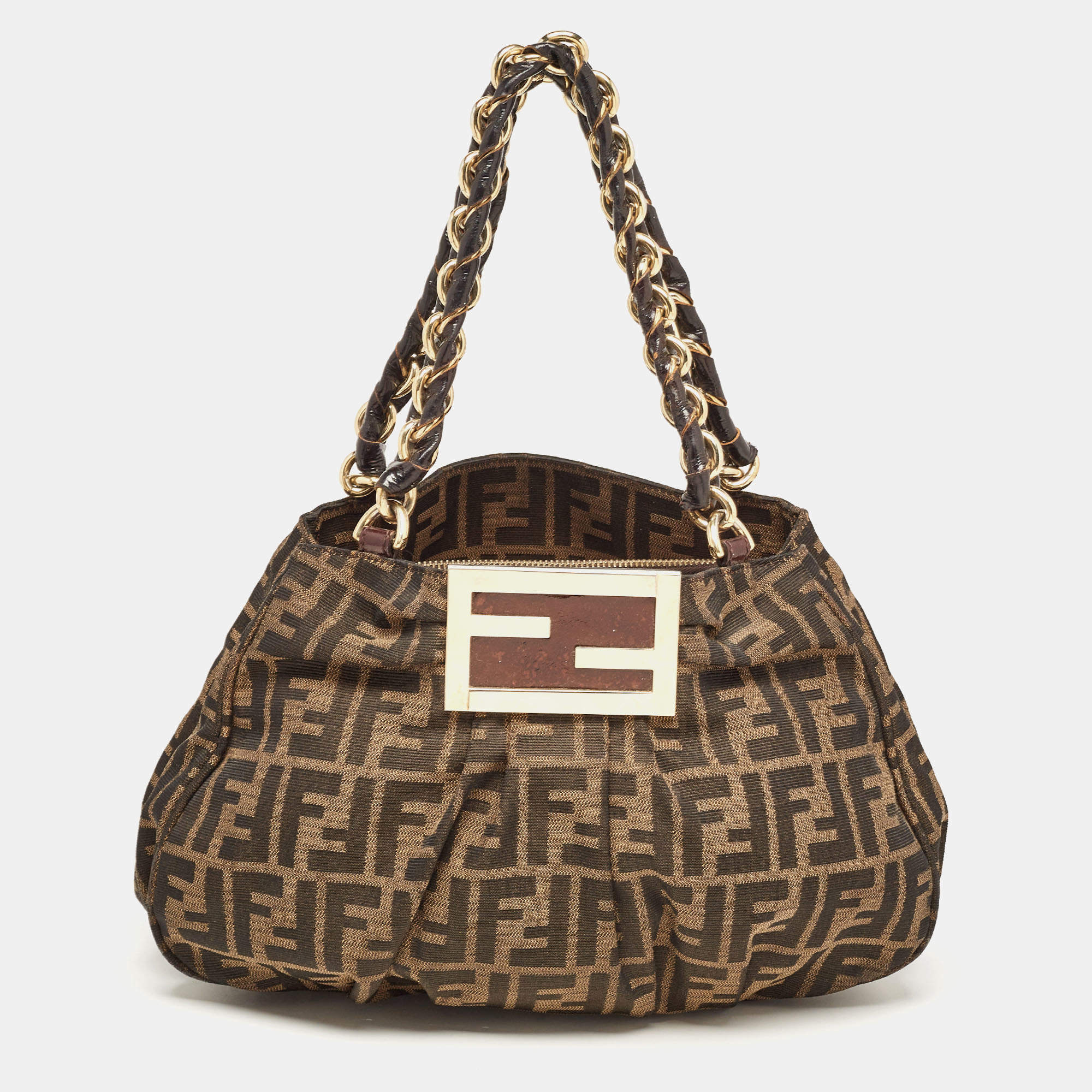 Pre Owned Fendi Tobacco Zucca Canvas Small Mia Shoulder Bag