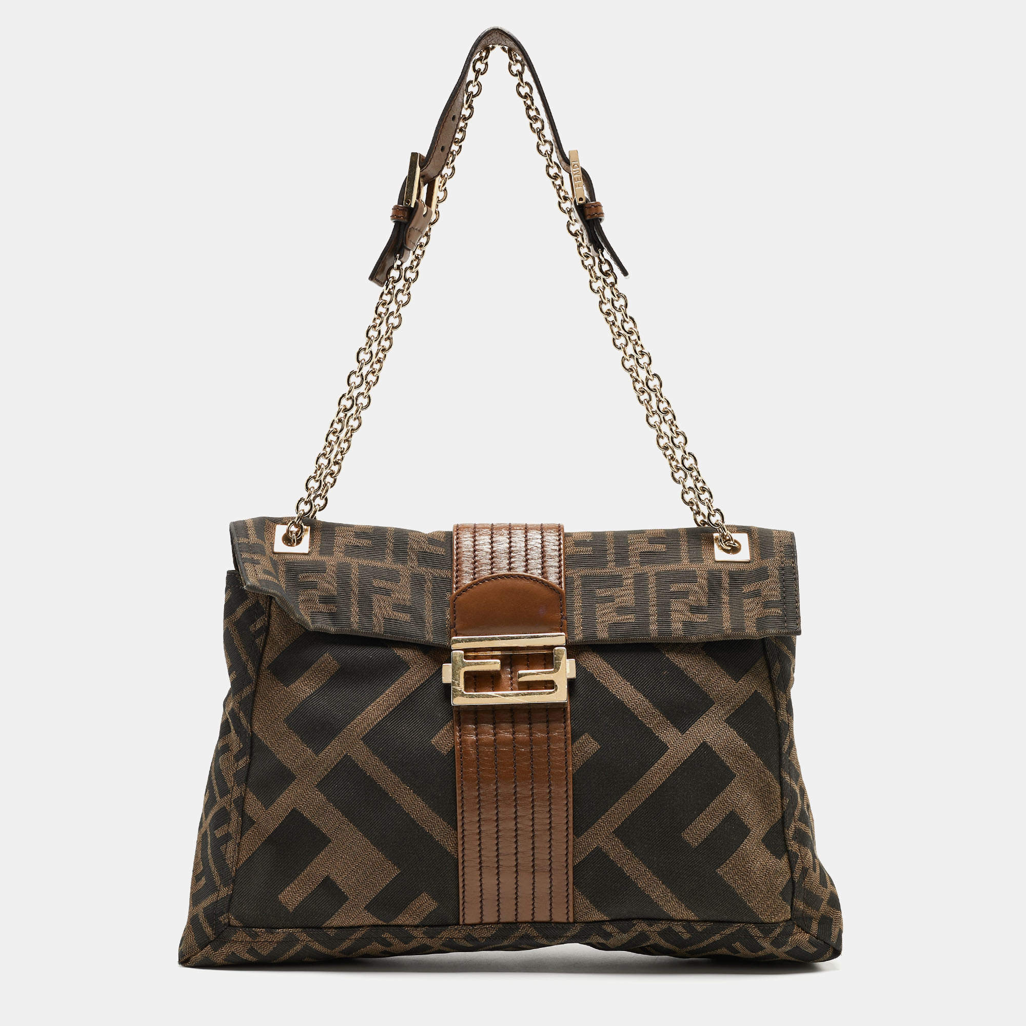 Pre Owned Fendi Tobacco Zucca Canvas and Leather Maxi Baguette Flap Shoulder Bag